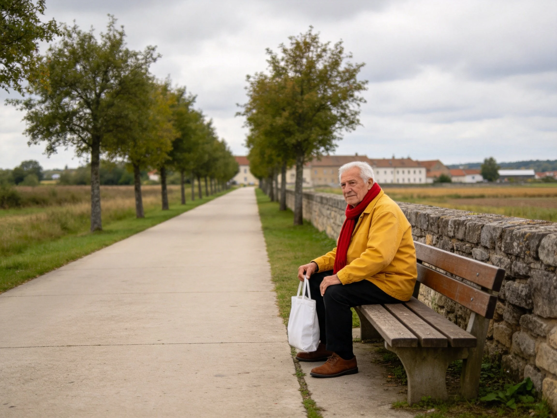 Elderly man in yellow coat sits on wooden bench by stone wall