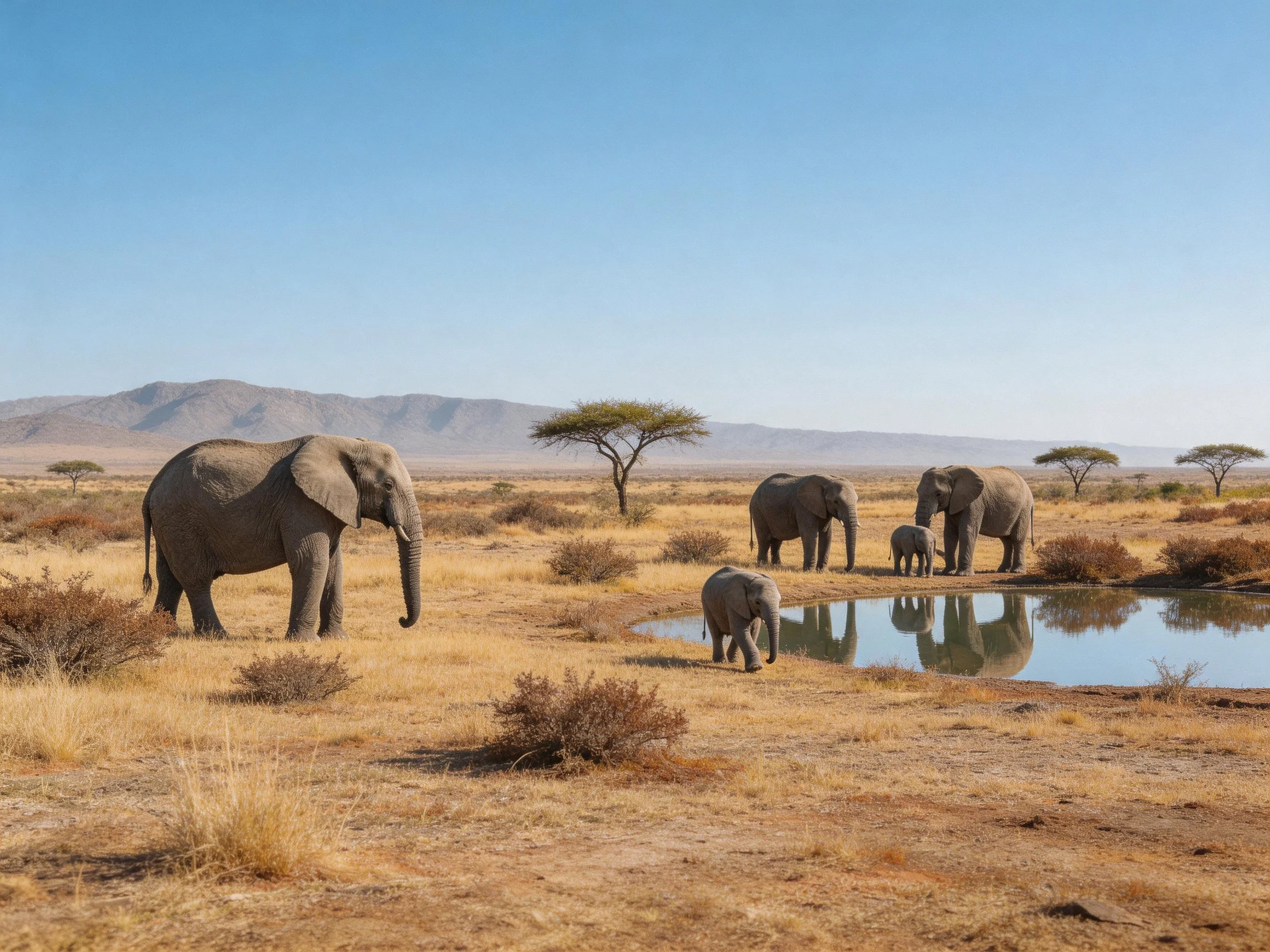 Elephants Gathering by a Waterhole in the African Savanna