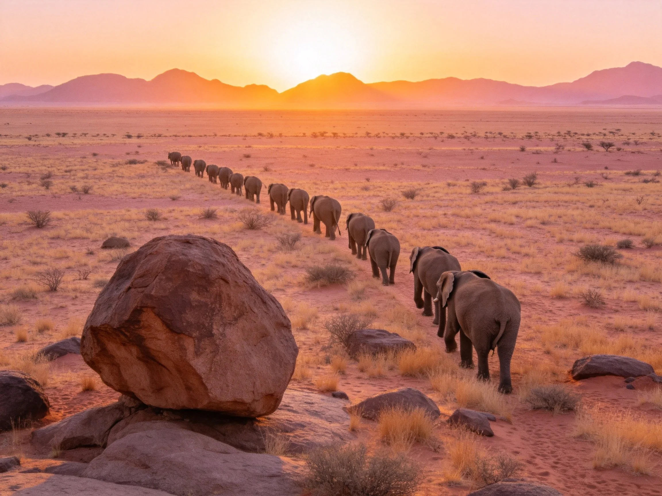 Elephants traverse golden savannah at sunset