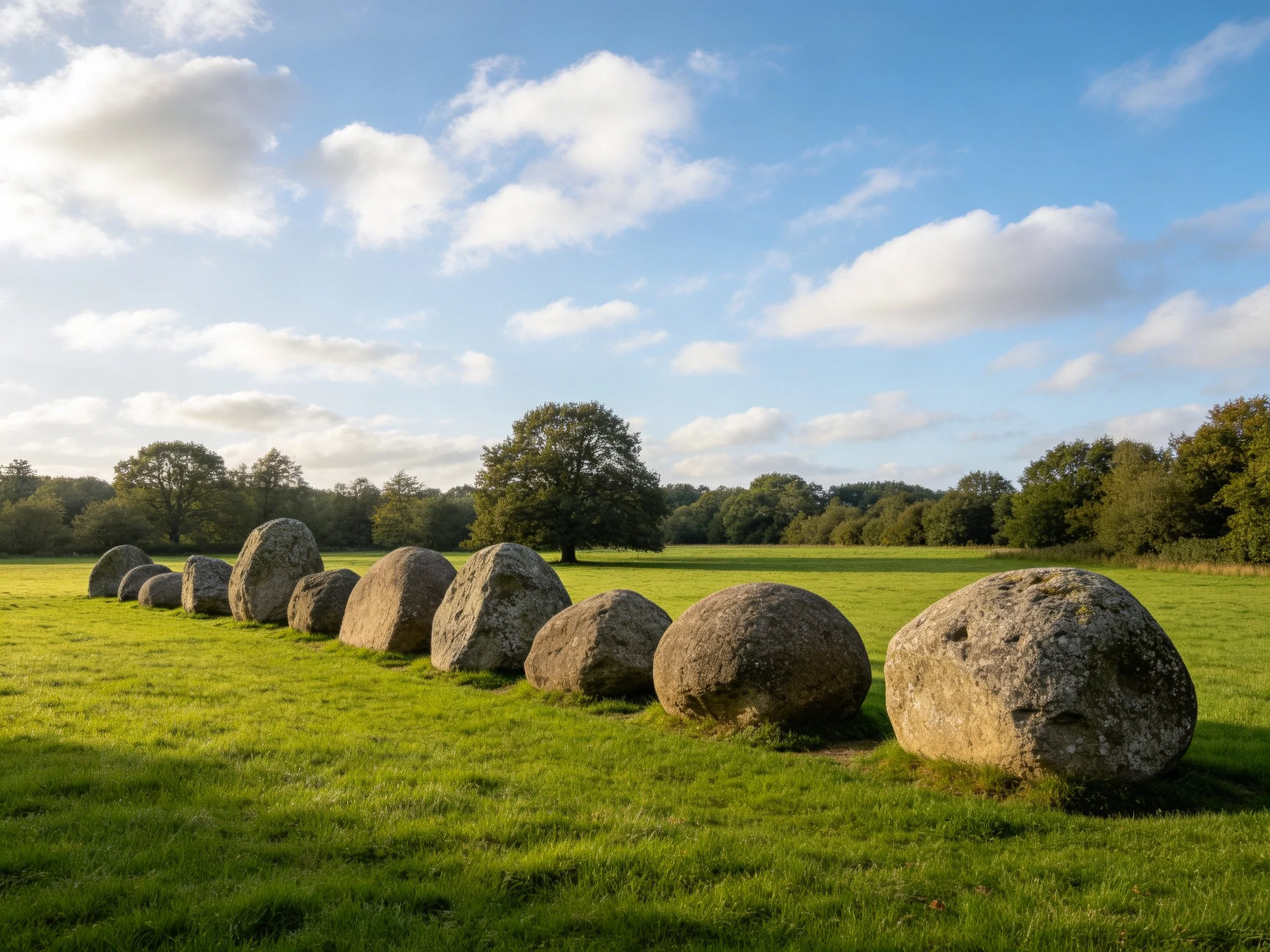 Eleven large stones aligned in a grassy field under blue sky