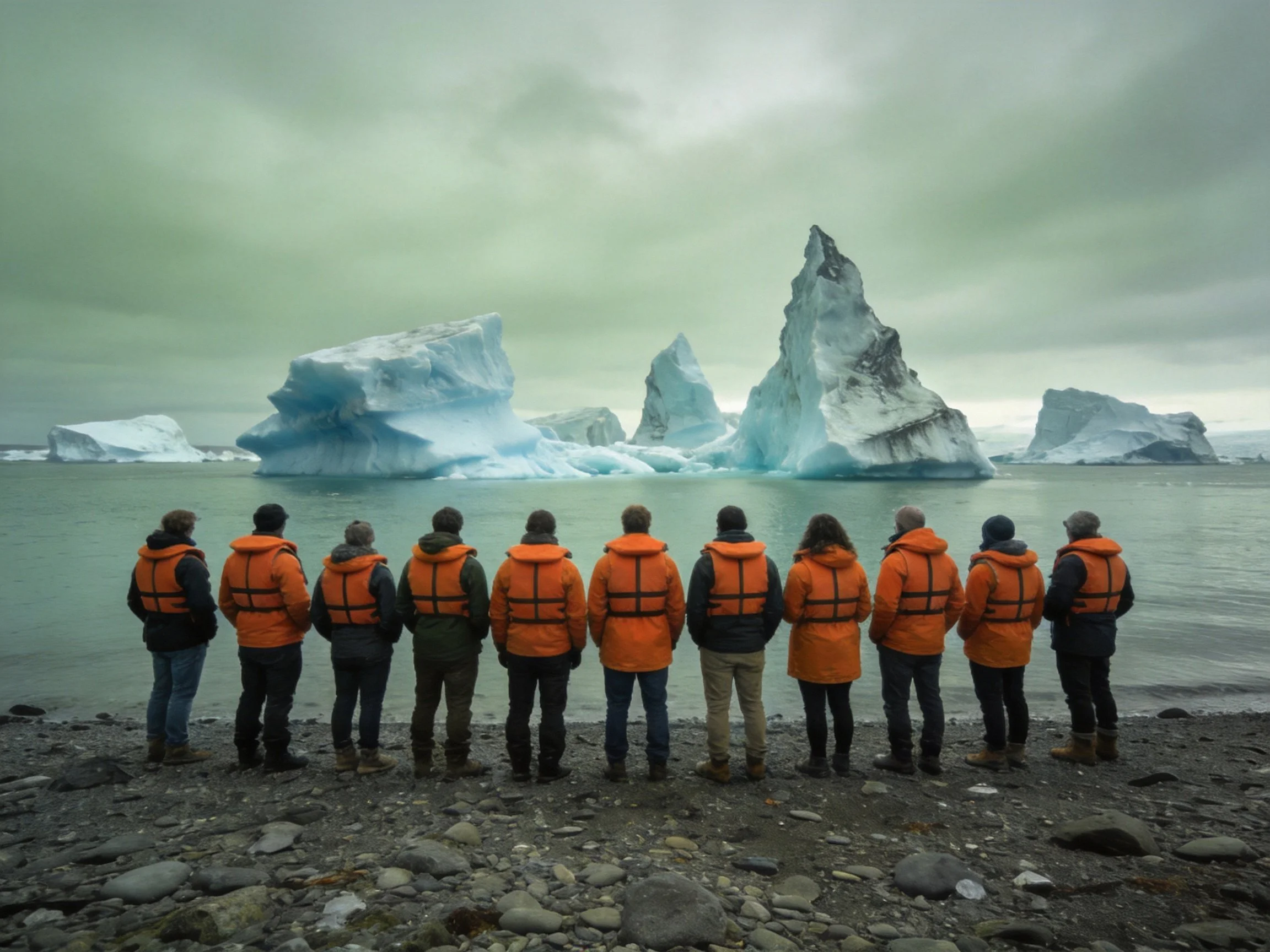 Eleven people in orange life vests view icebergs from rocky shore