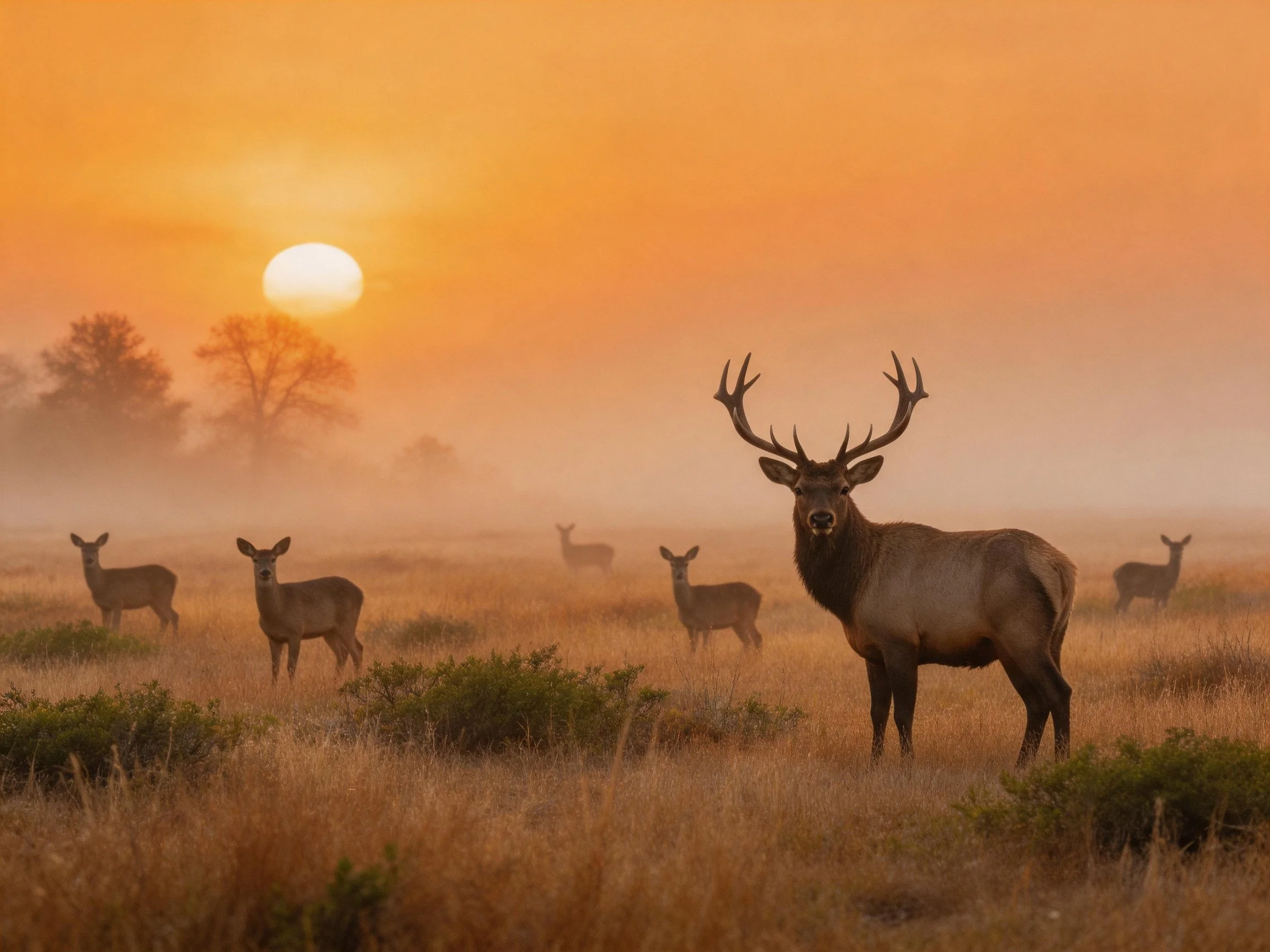Elk Herd in Golden Meadow Under Misty Sunrise