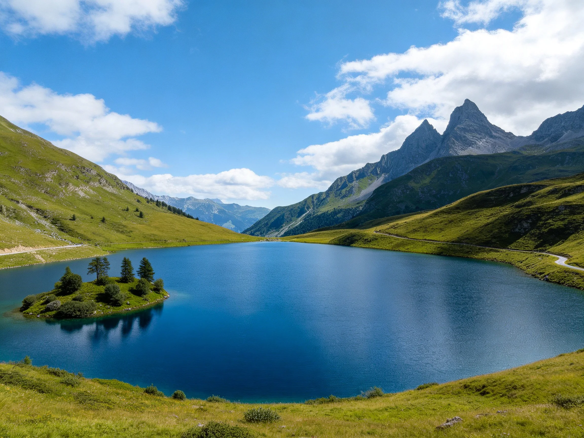Emerald hills encircle a deep blue alpine lake with jagged peaks