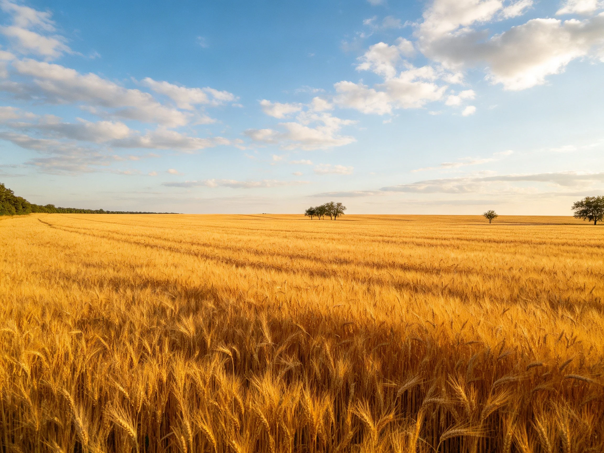 Expansive Golden Wheat Field Under Bright Blue Sky