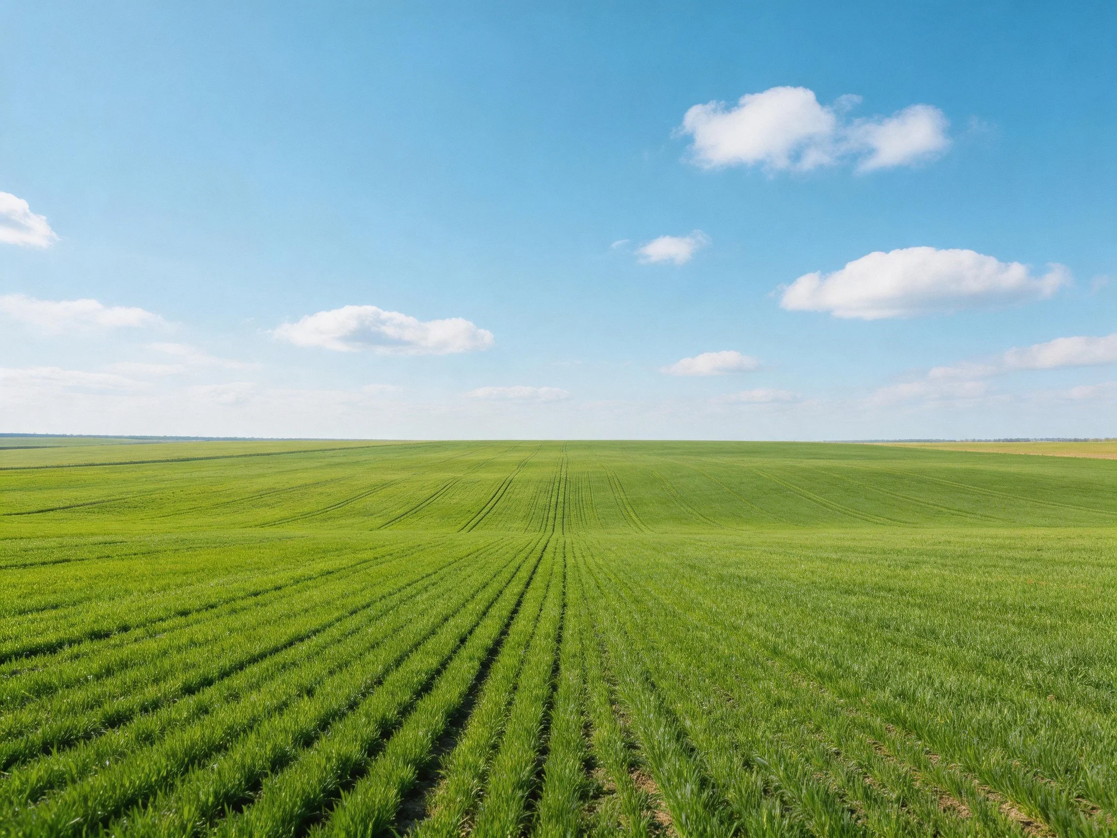 Expansive Green Crop Field Under Bright Blue Sky