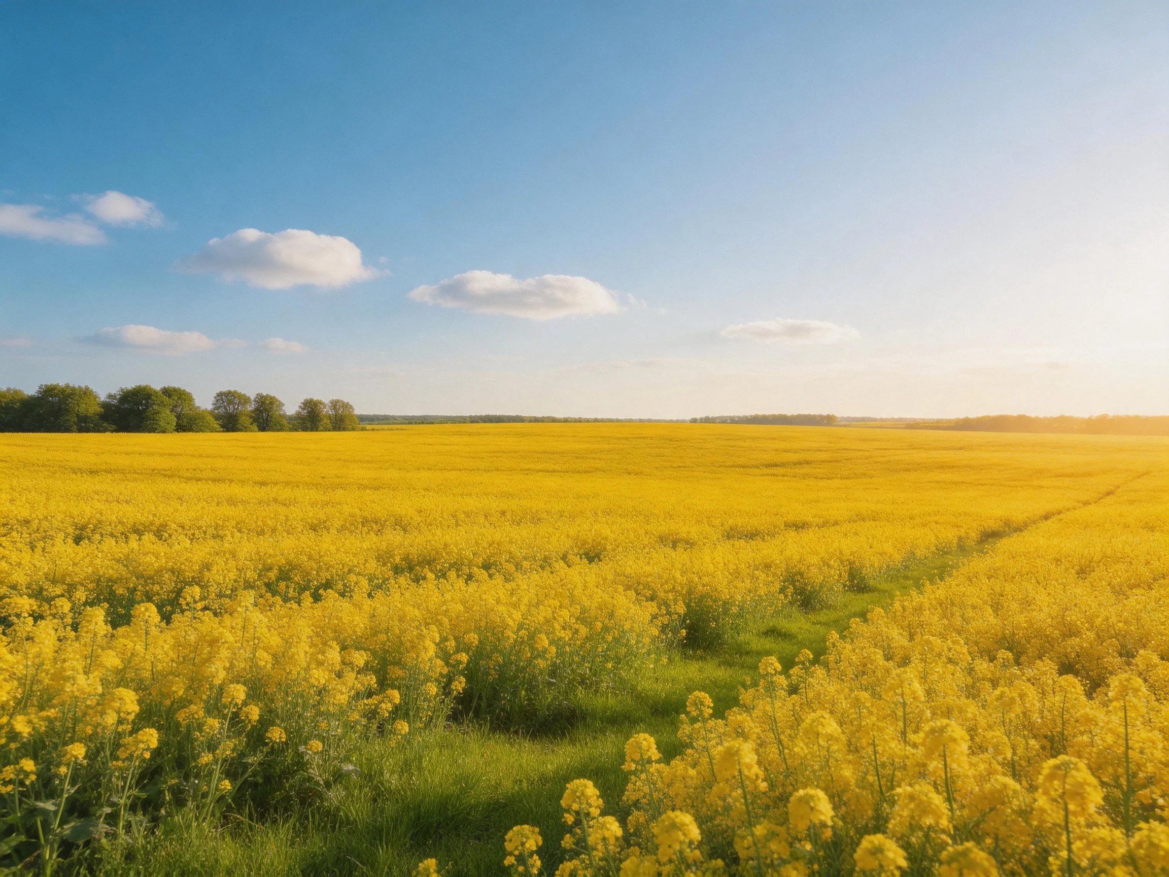 Expansive golden-yellow flower field under bright blue sky