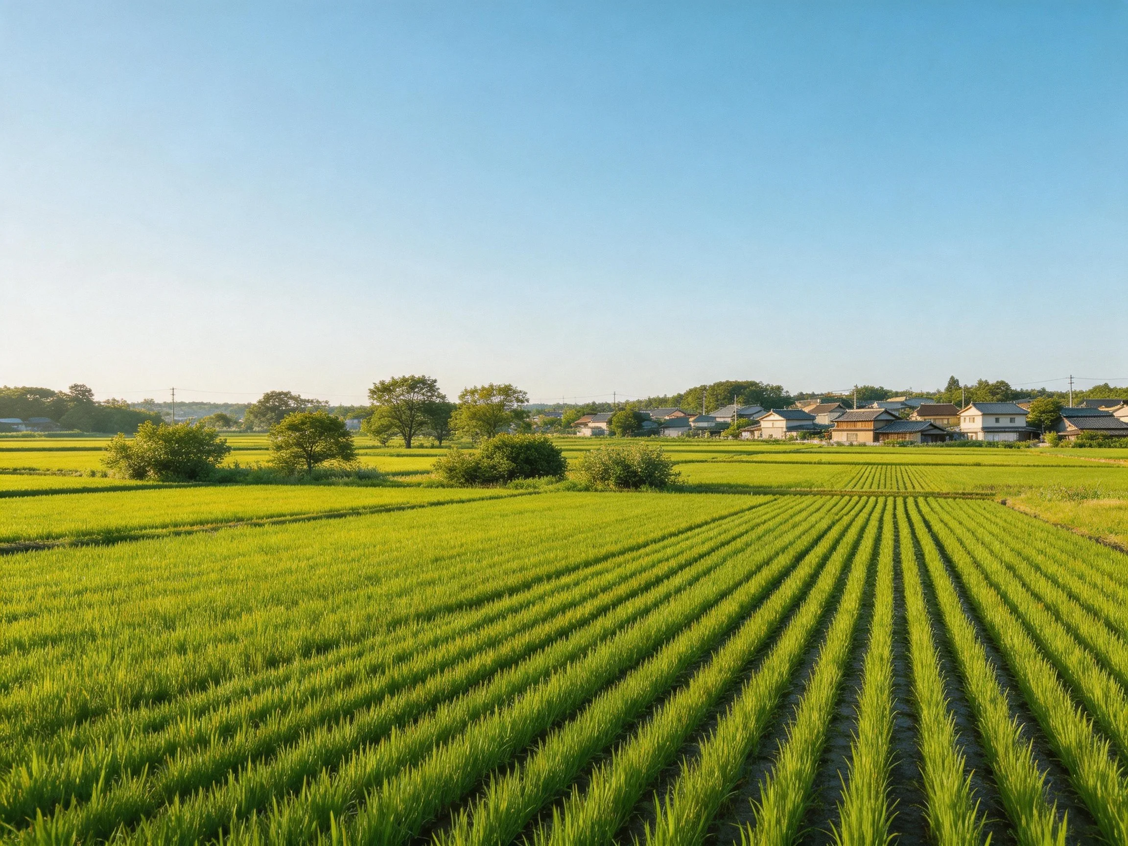 Expansive green agricultural fields with distant traditional village homes