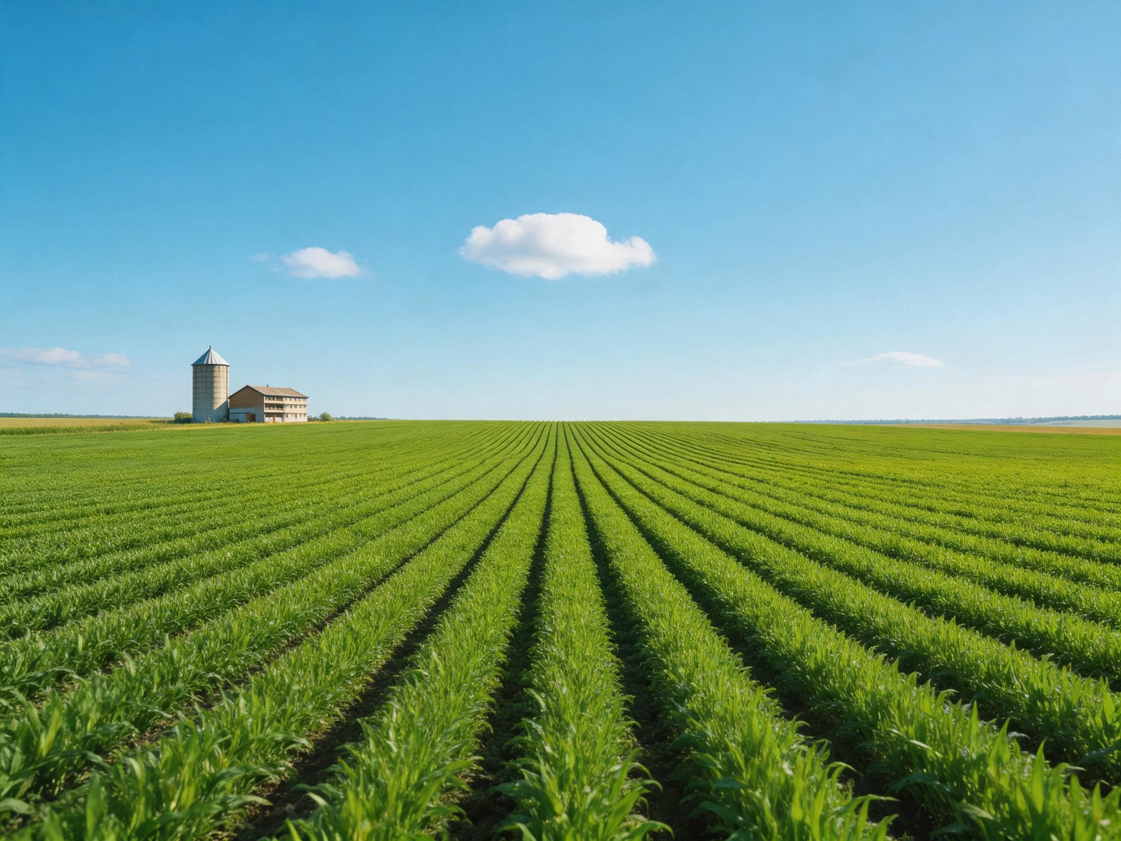 Expansive green crop fields stretch toward farm structures under clear blue sky