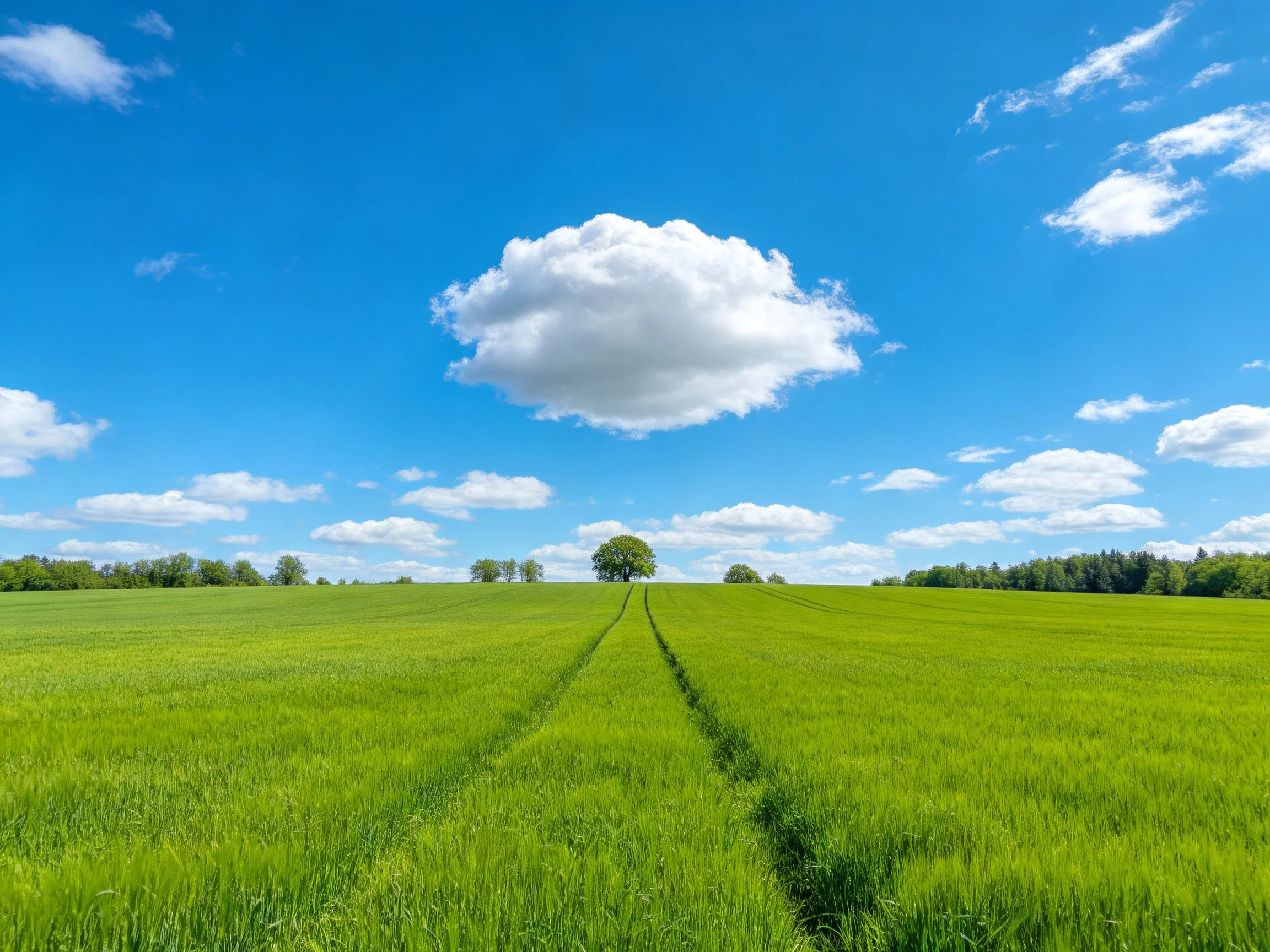 Expansive green field beneath clear blue sky with fluffy white clouds