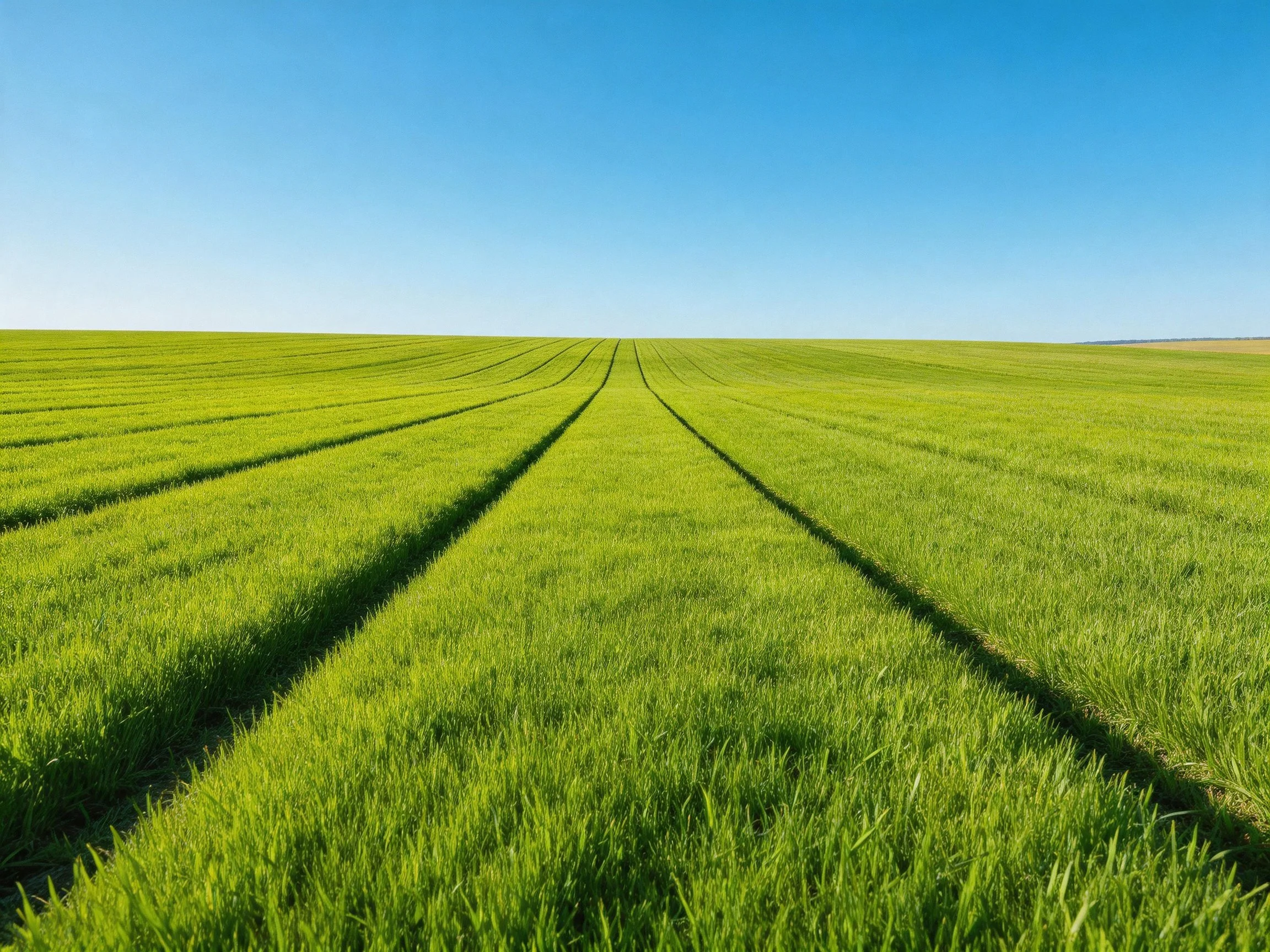 Expansive green field with parallel grass rows under clear blue sky