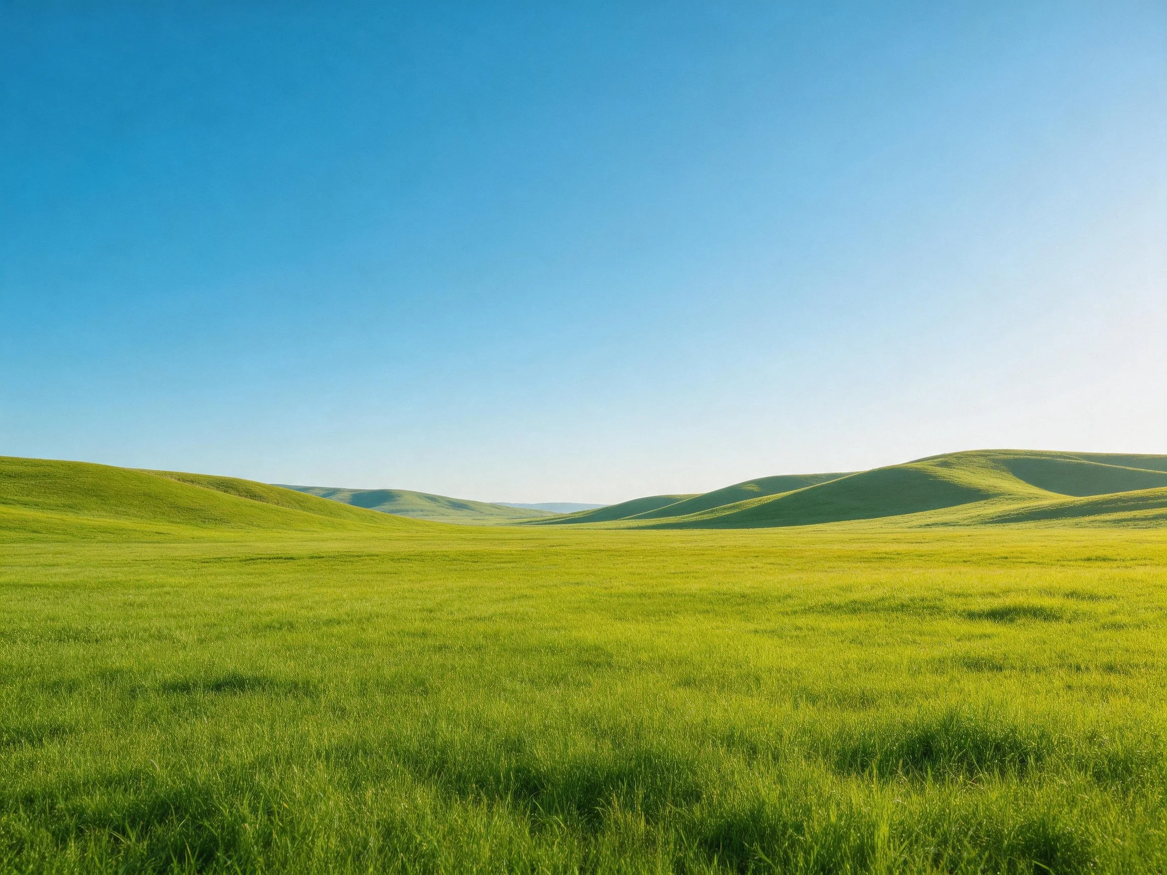 Expansive green meadow with rolling hills under clear blue sky