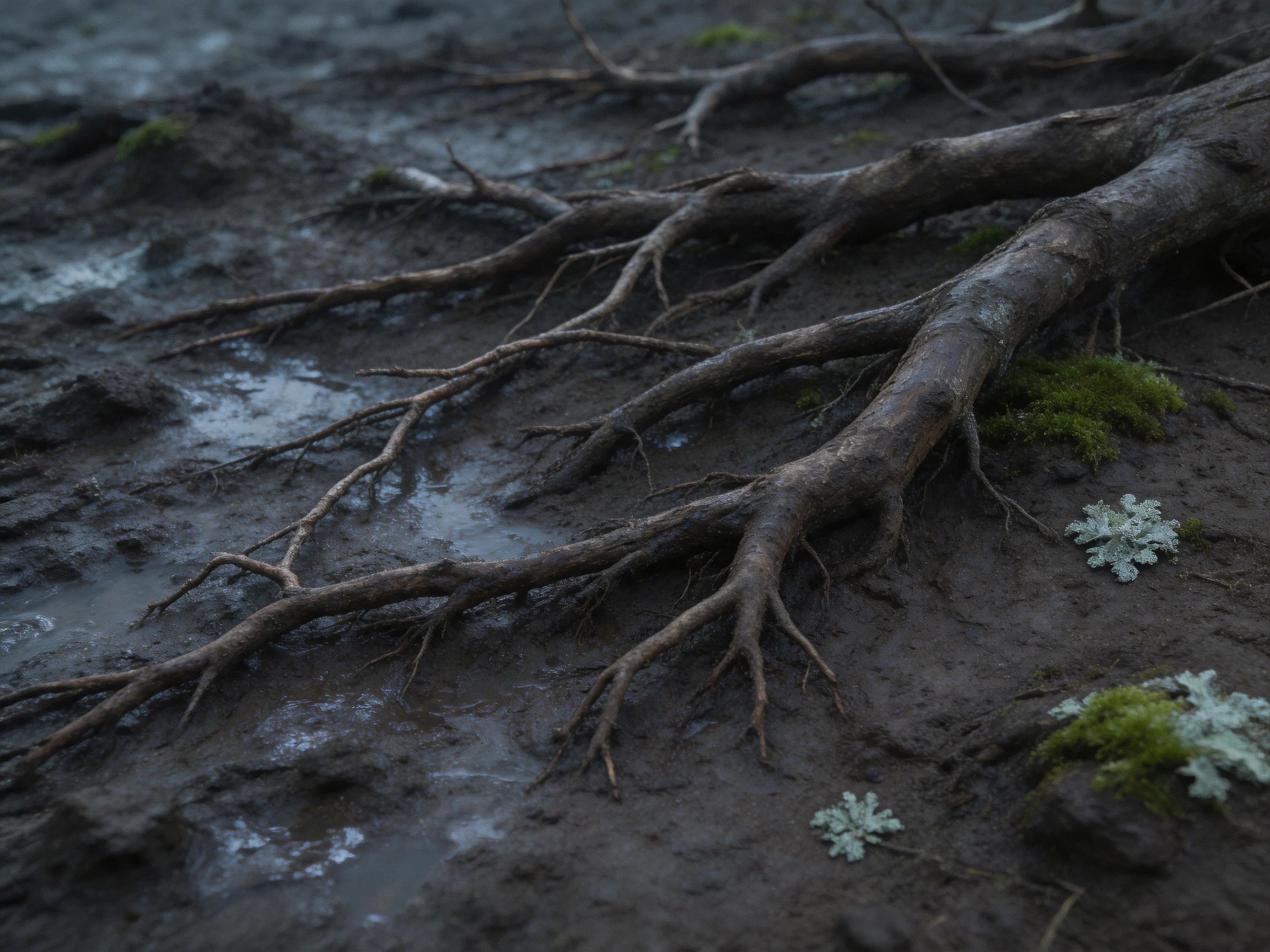 Exposed Tree Roots in Mothy, Lichen-Dotted Mud