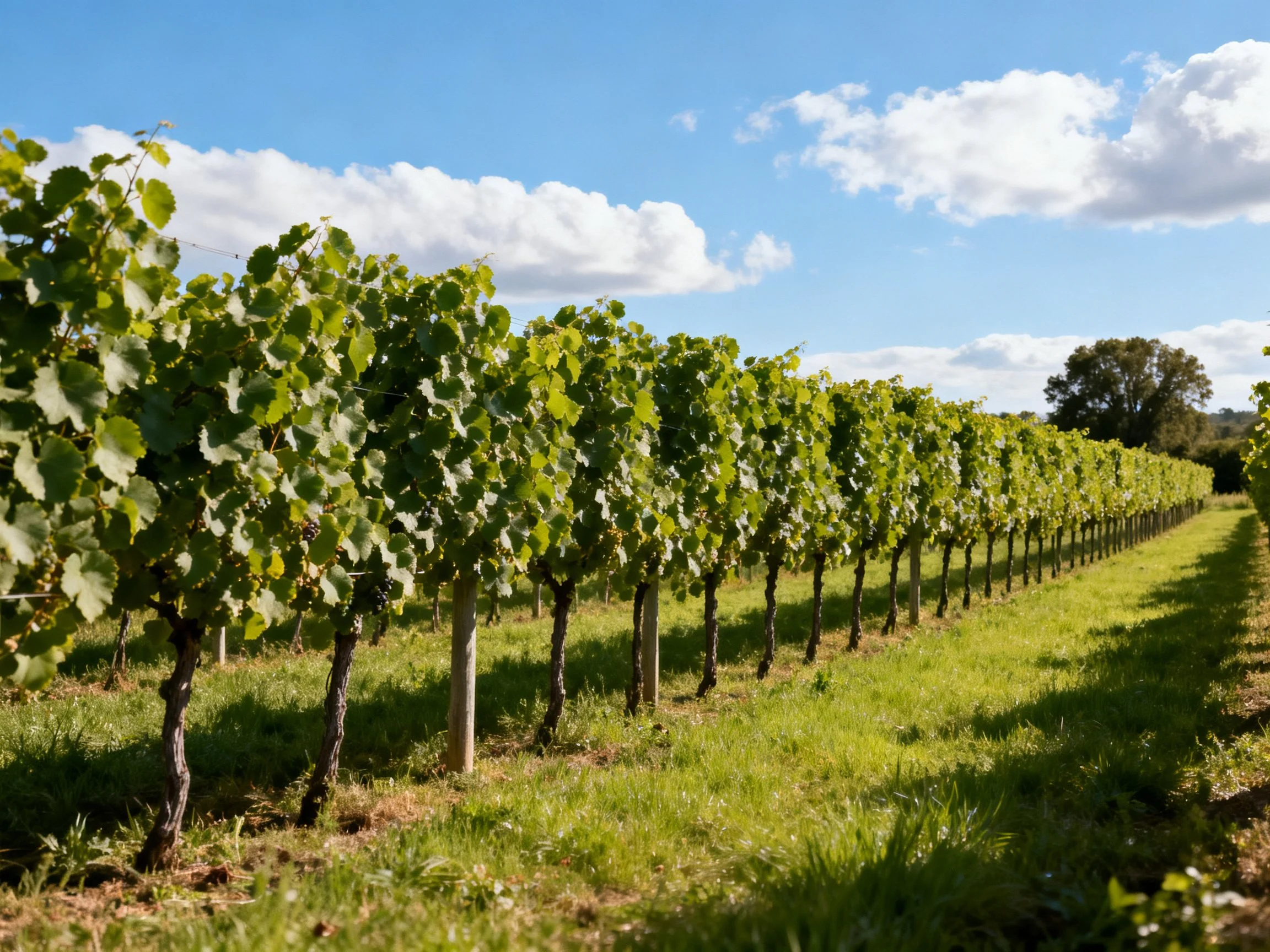 Extensive Vineyard Rows with Lush Foliage and Clear Sky