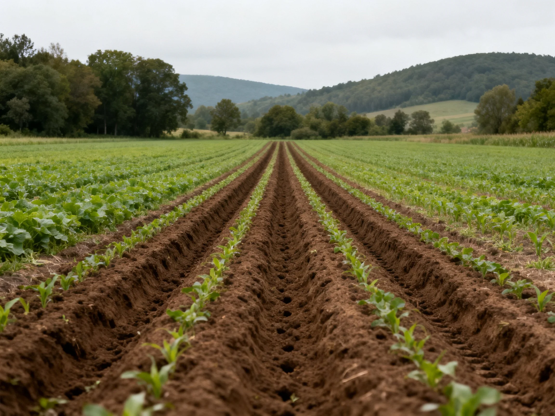 Farm rows with rich brown soil and vibrant green vegetation