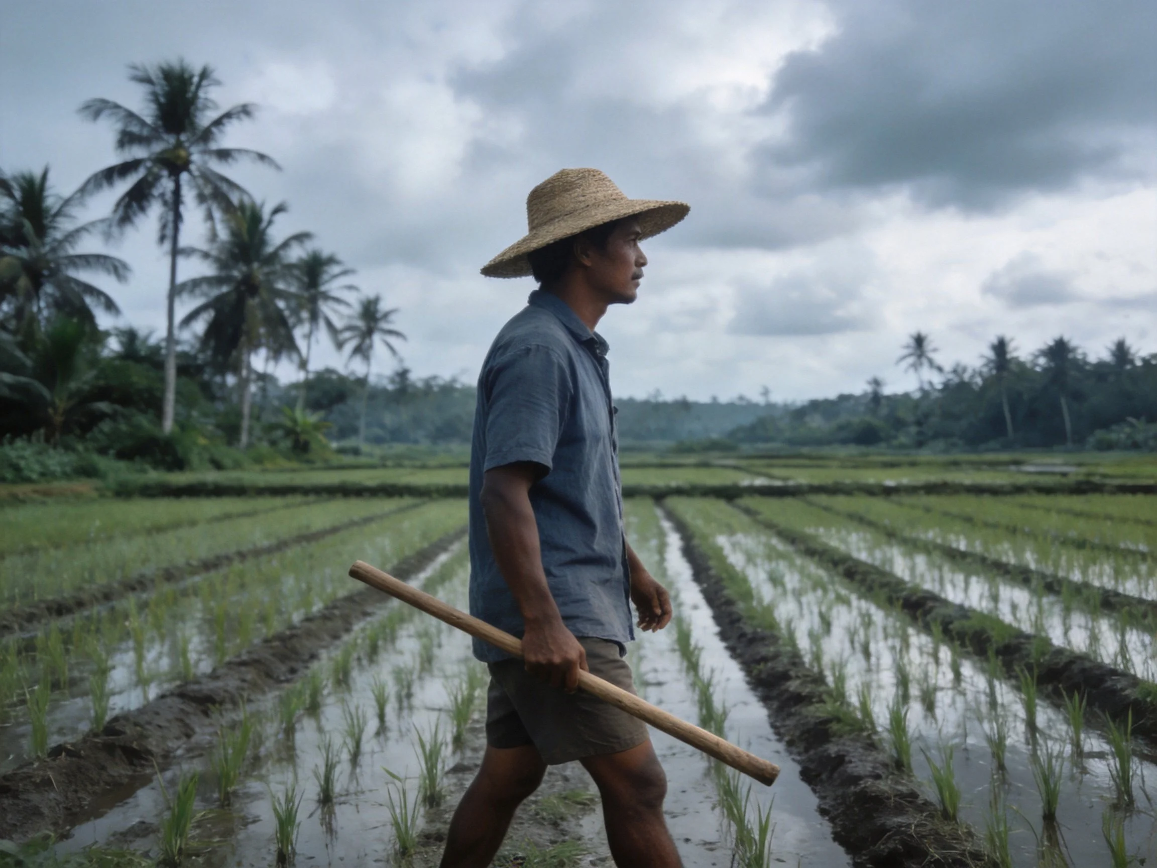 Farmer walking through flooded rice paddies with wooden tool
