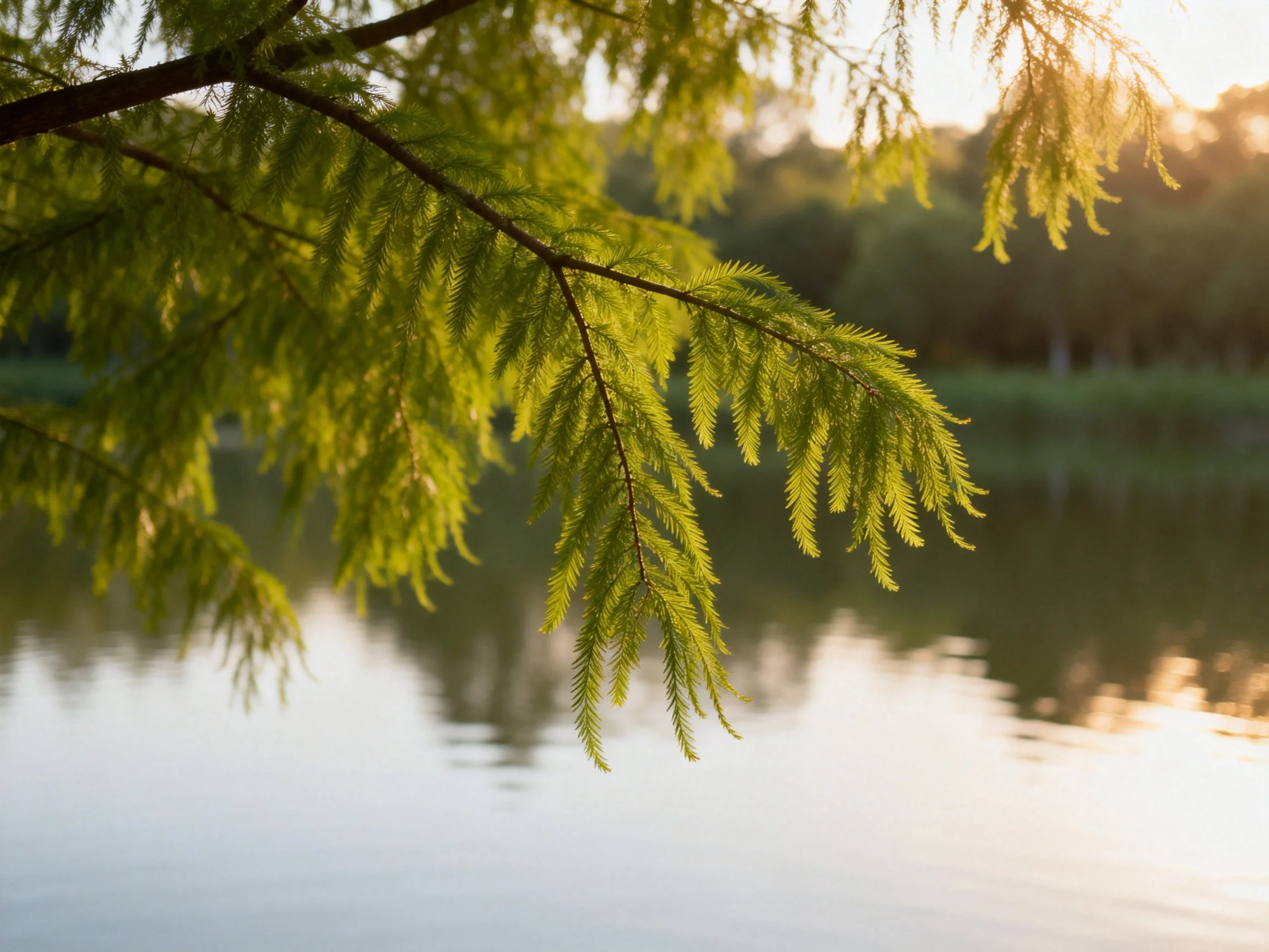 Feathery green branches hang over reflective water with golden light