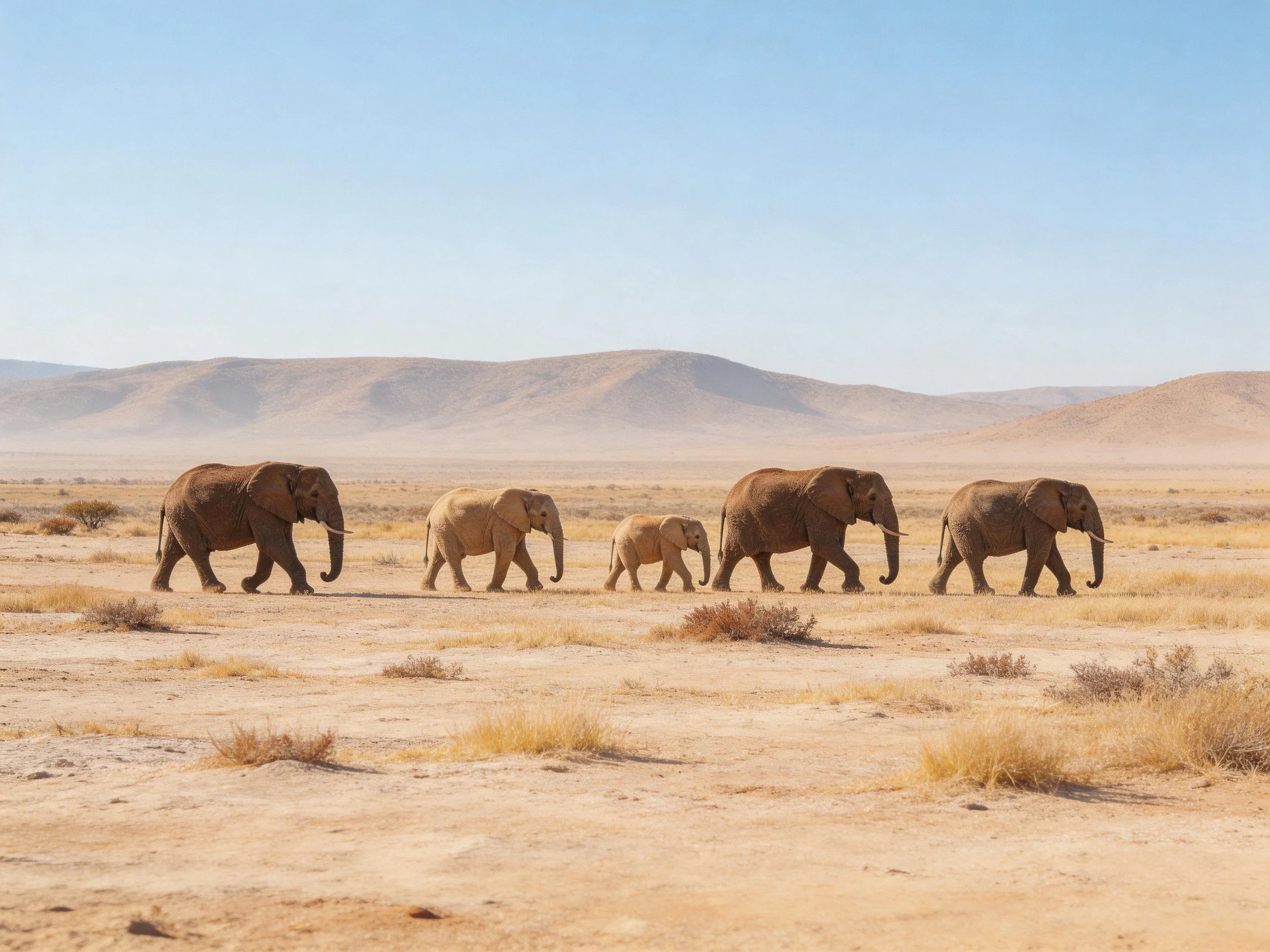 Five Elephants Walking Across a Dry Desert Plain