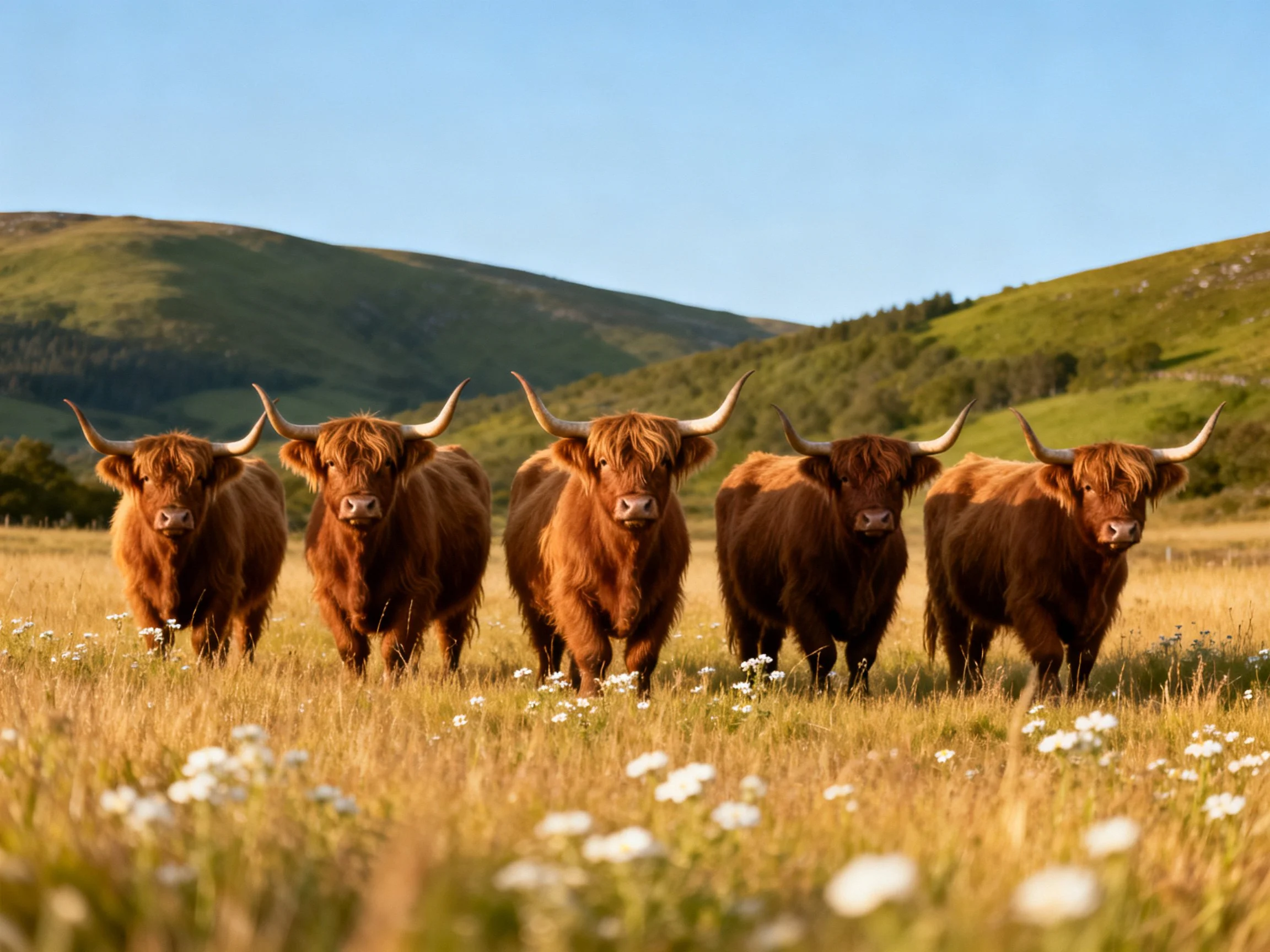 Five Highland Cattle in a Golden Meadow with Rolling Green Hills