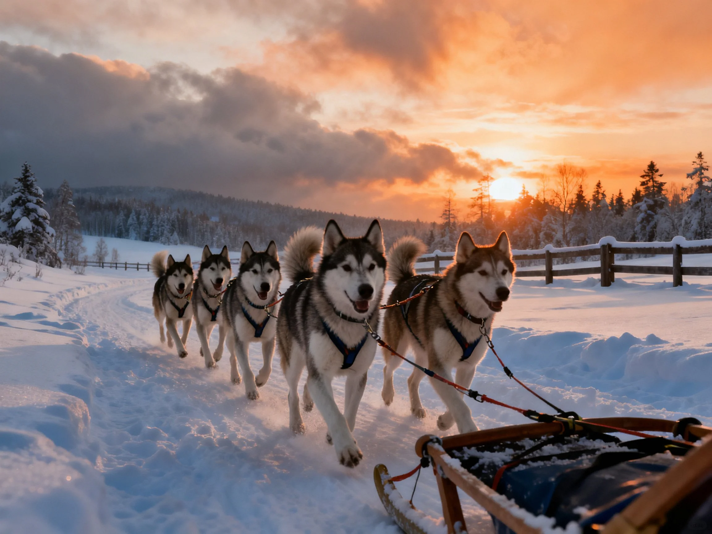 Five Siberian Huskies pull sled through snowy landscape at sunset