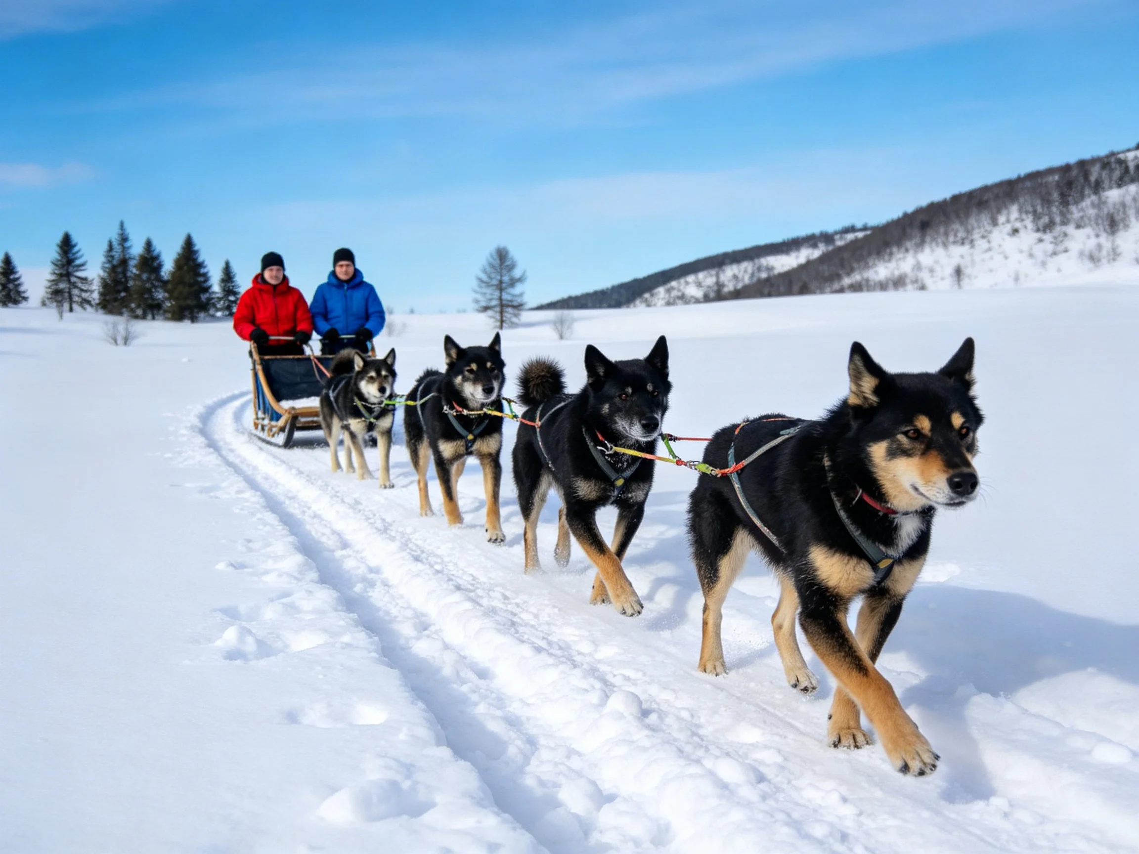 Five black and tan sled dogs pull a wooden sled with two riders