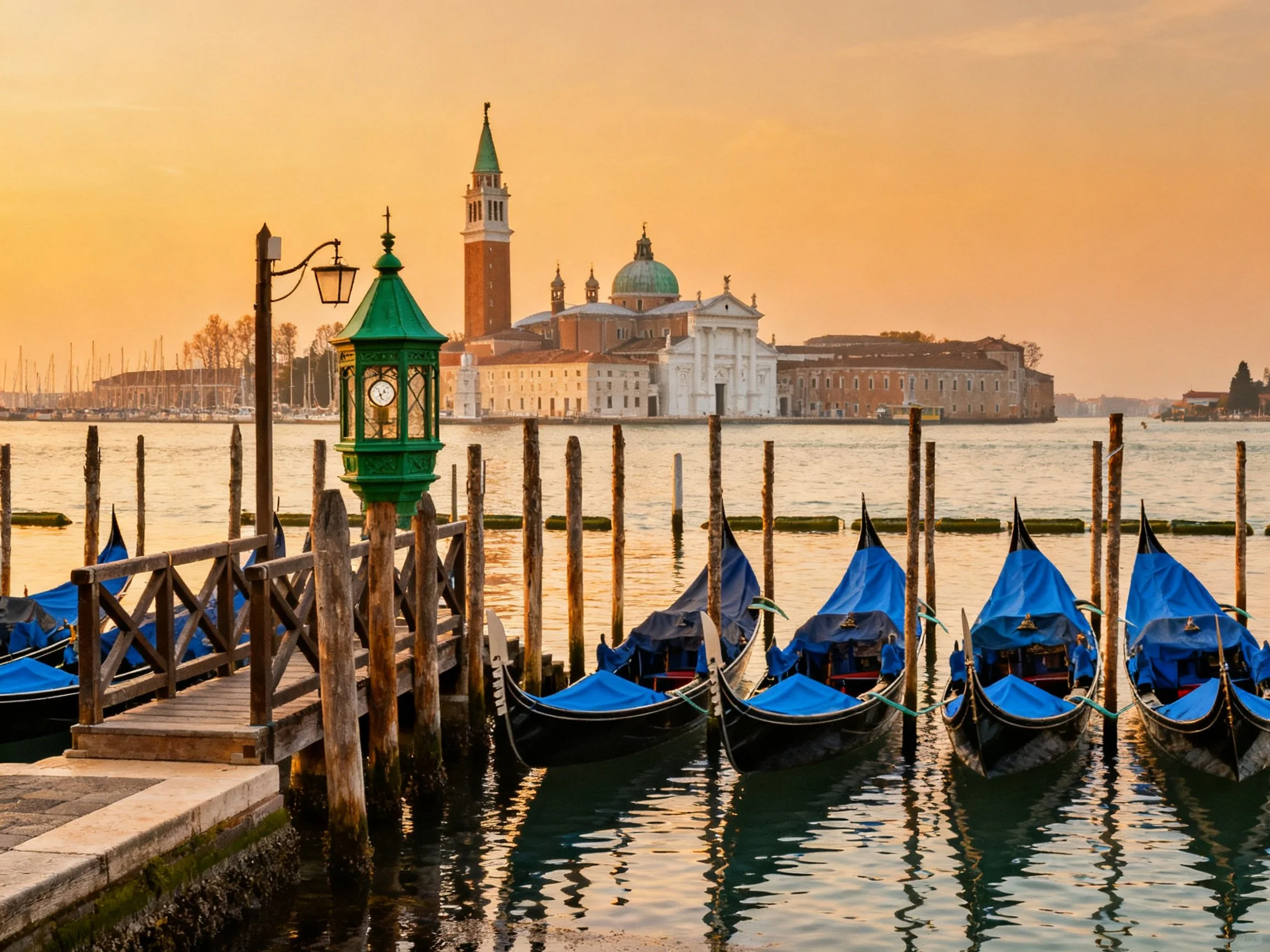 Five blue gondolas docked beside historic Venetian architecture at sunset