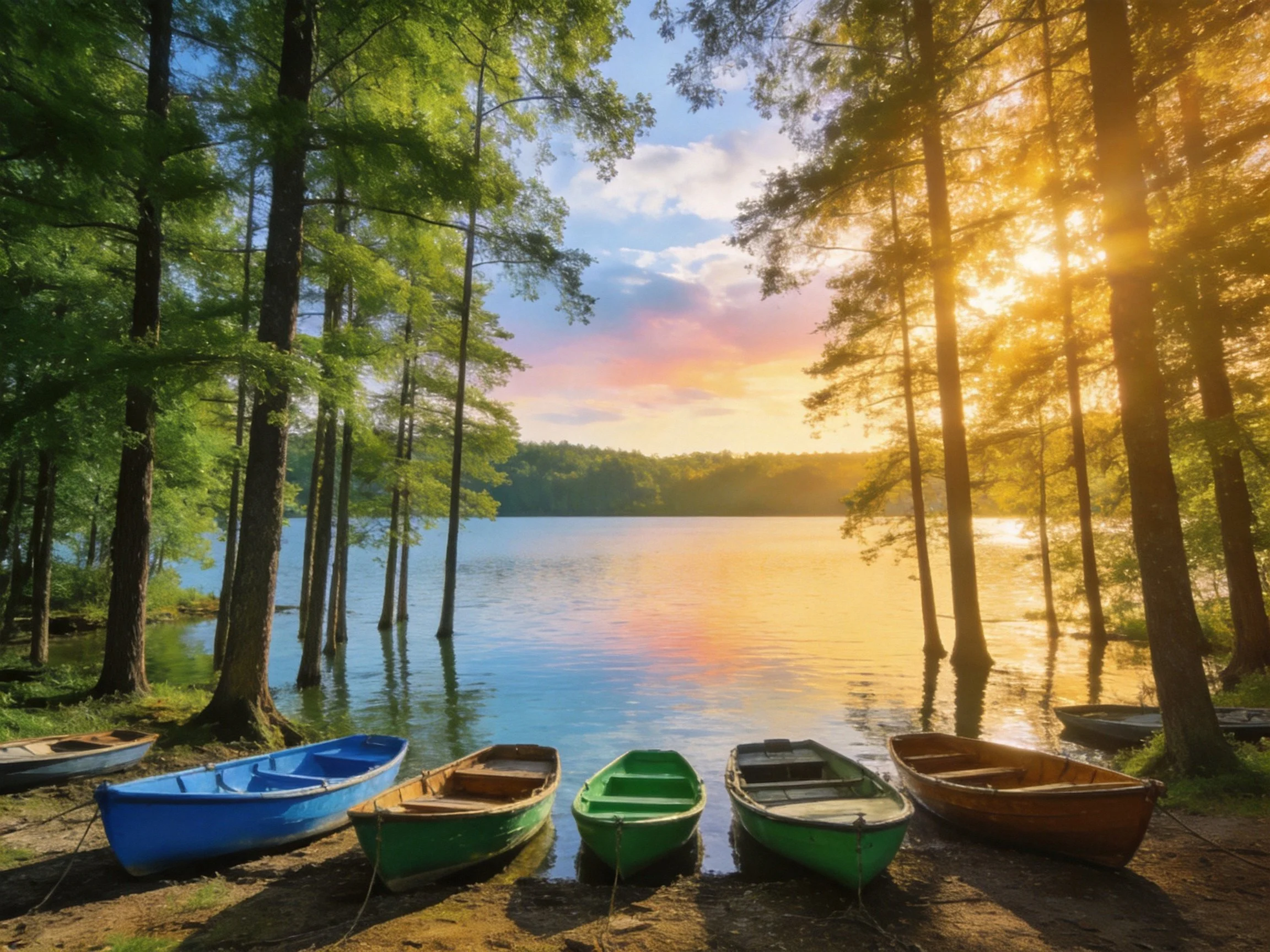 Five colorful boats rest near tall green trees by a calm lake at sunset.