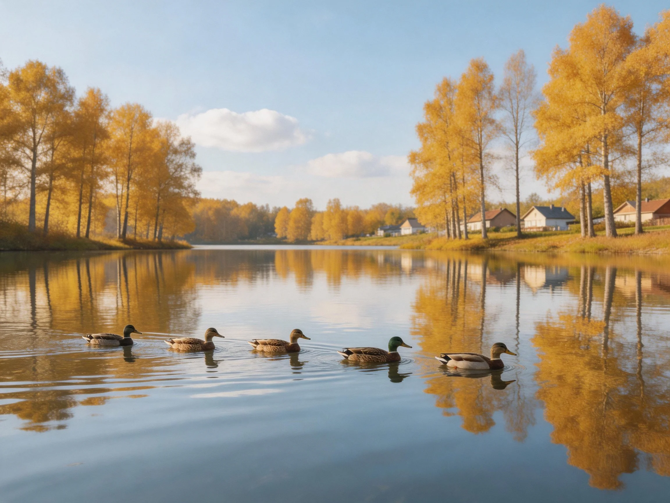 Five ducks glide across a calm lake amid golden autumn trees and distant homes.