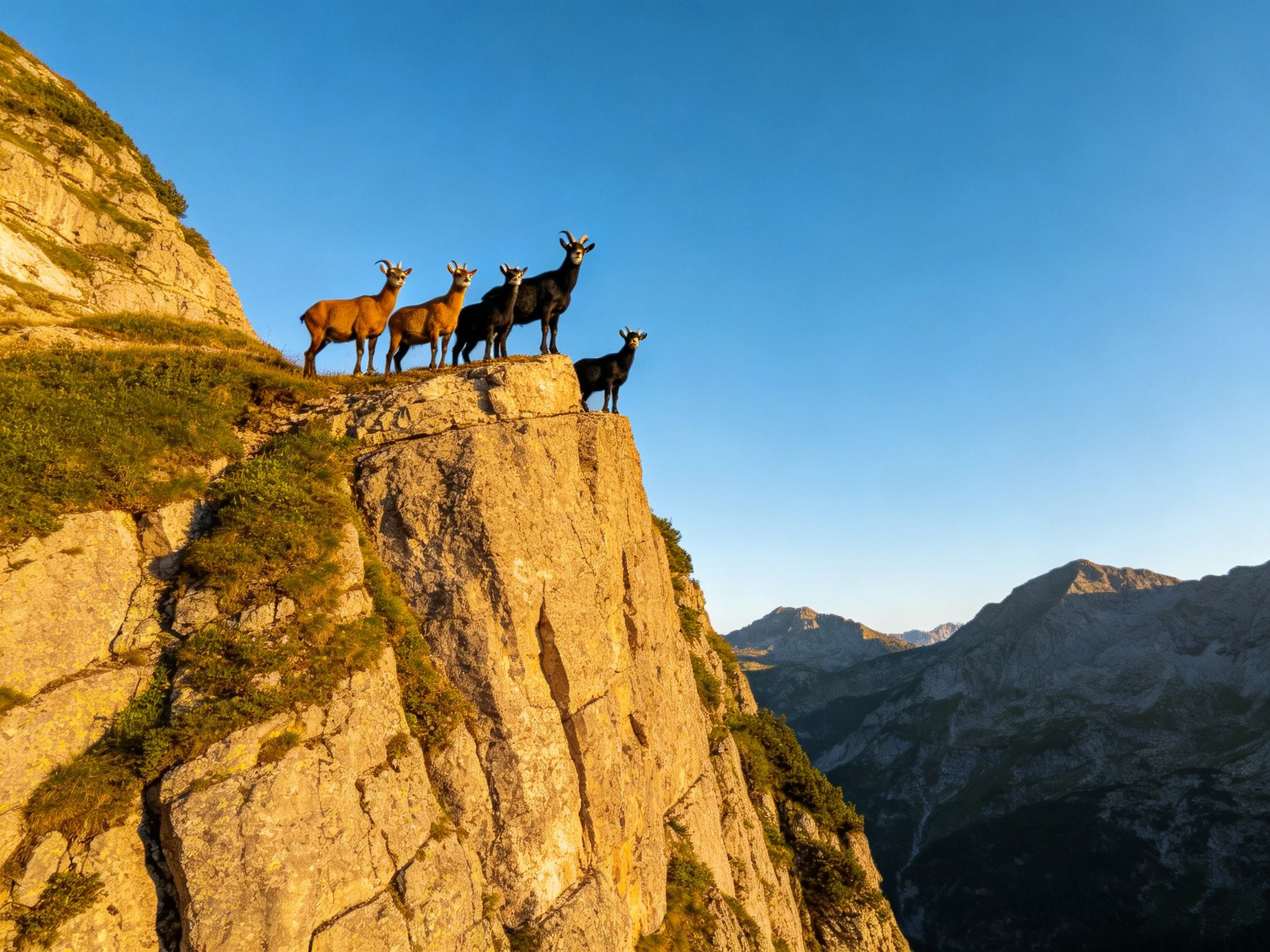Five goats stand on a sunlit rocky cliff