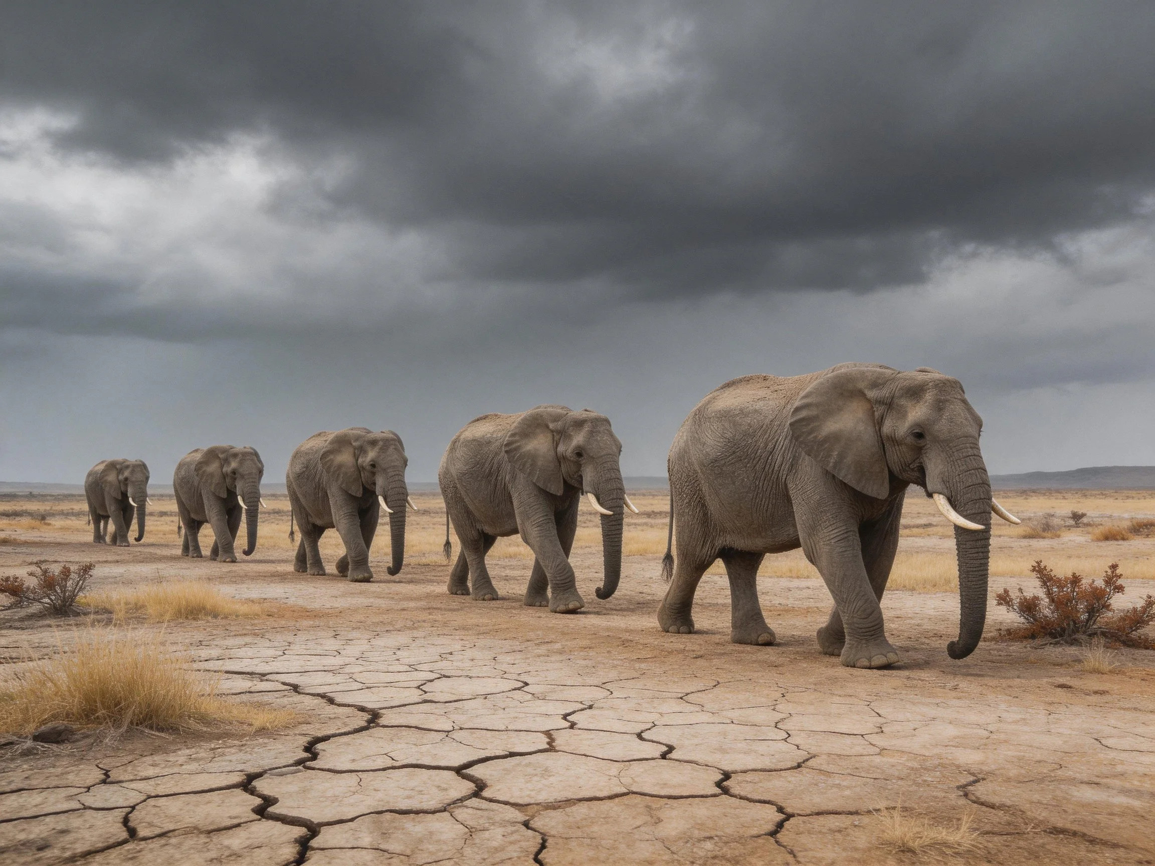 Five gray elephants traverse cracked earth under stormy skies