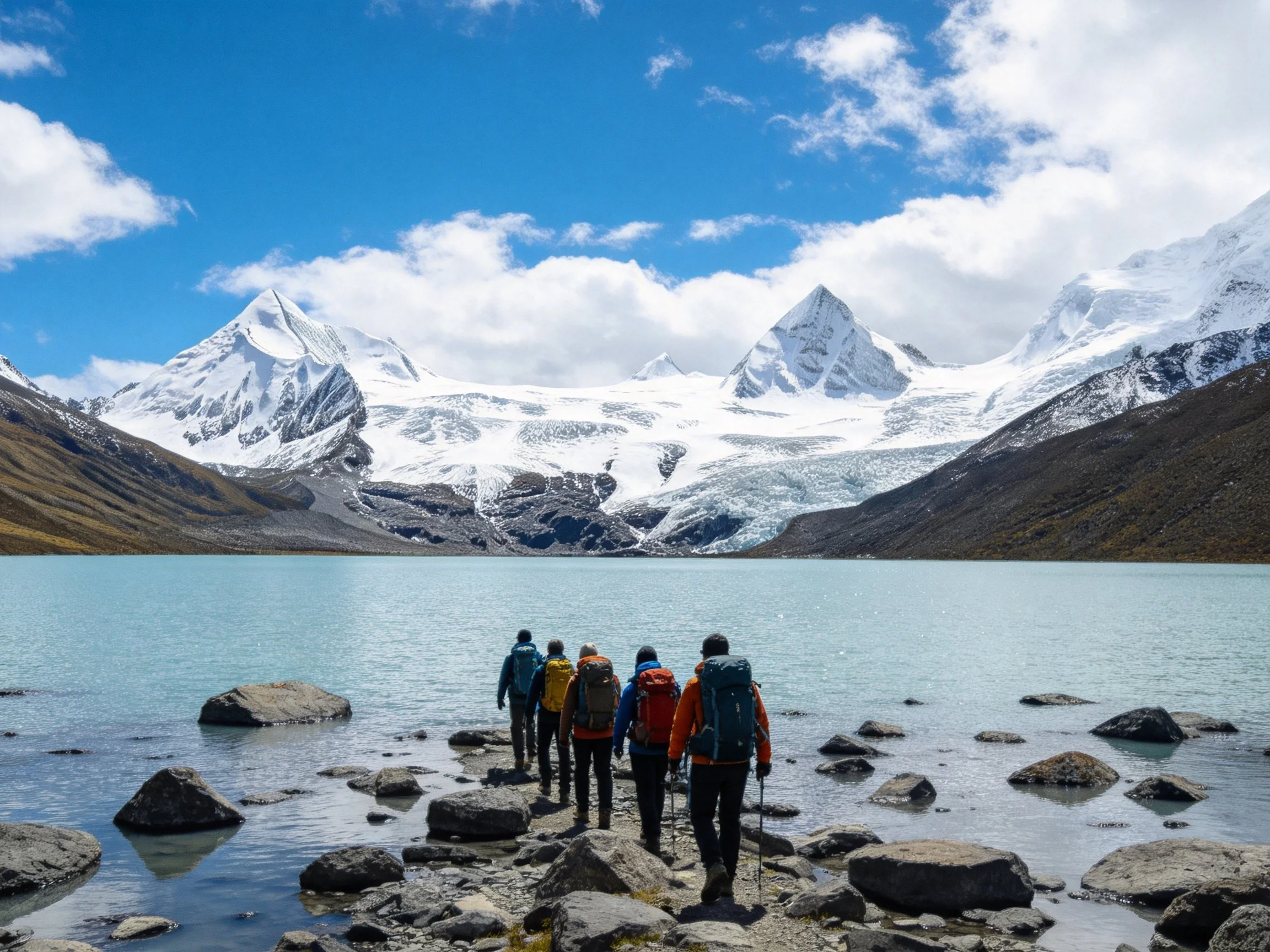 Five hikers near turquoise lake with towering snow-capped peaks