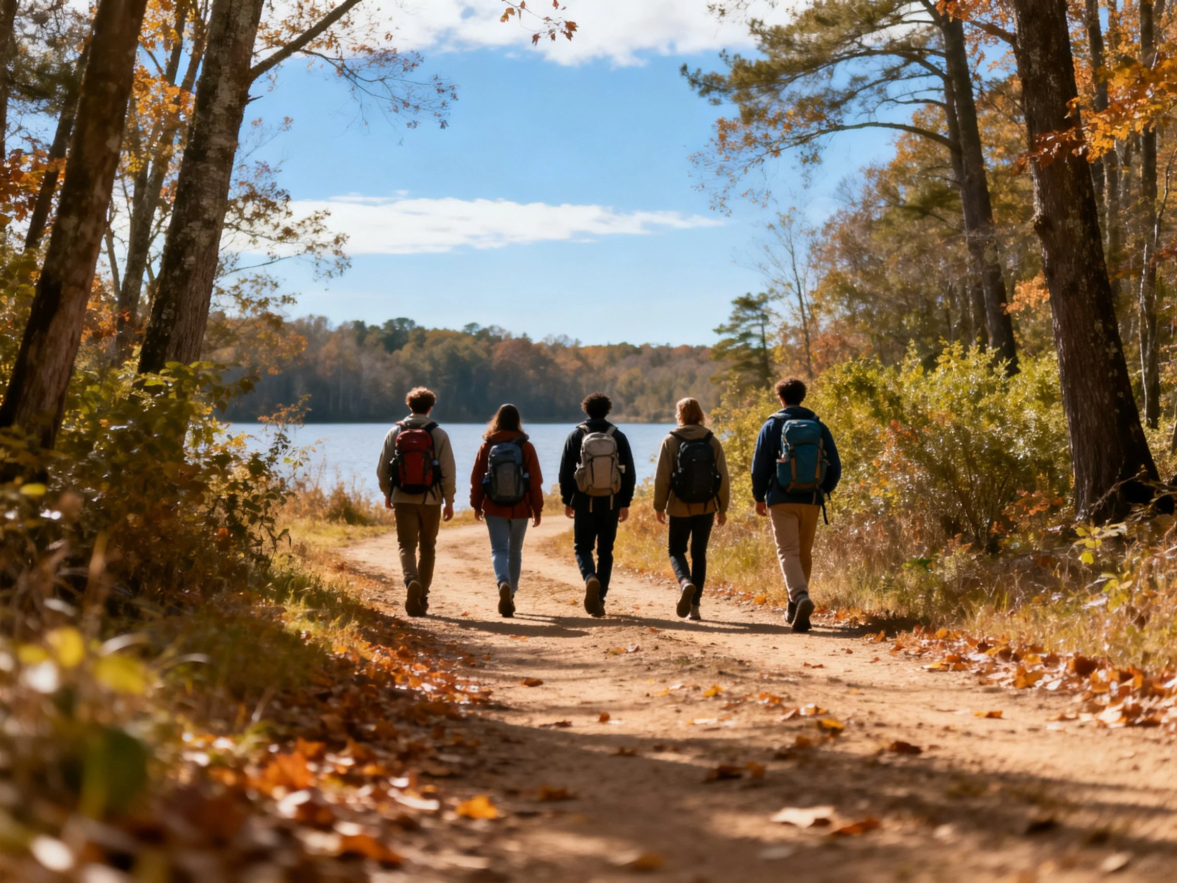 Five hikers walk along a leaf-strewn autumn trail near a serene lake