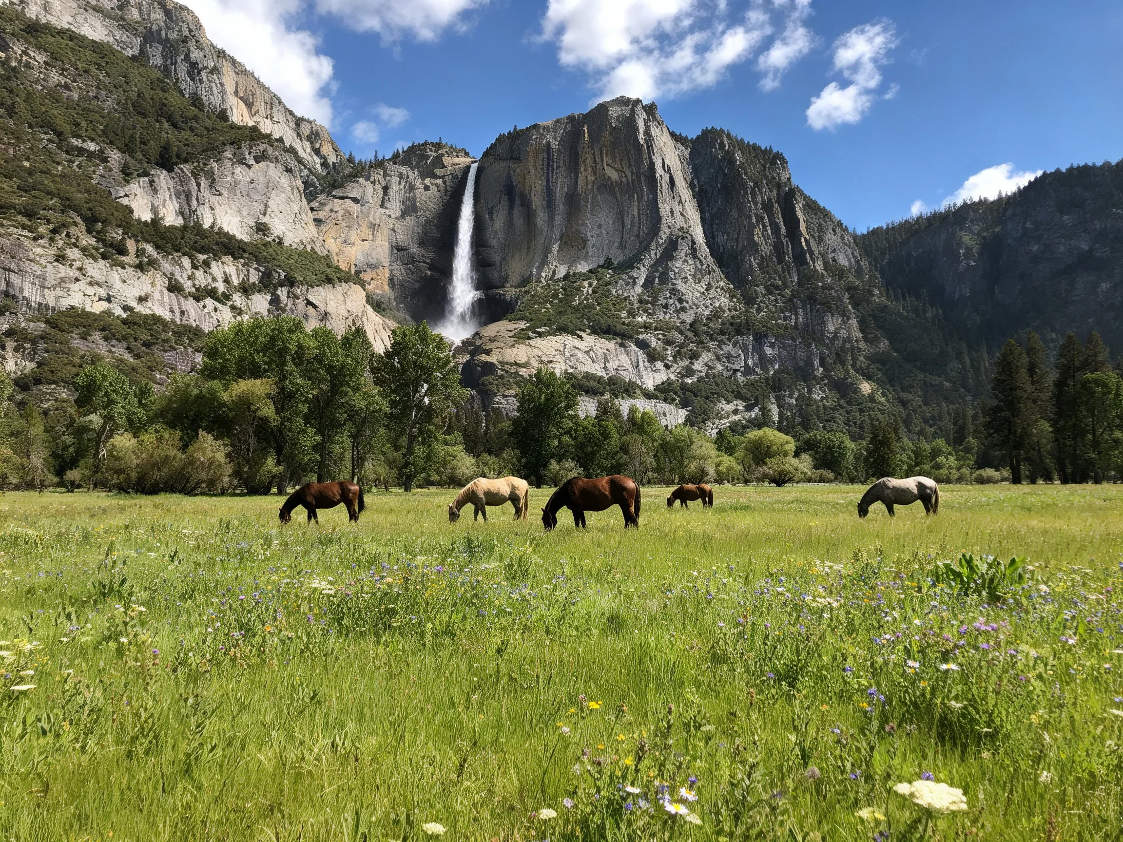 Five horses graze near a waterfall amidst rocky cliffs and lush meadows