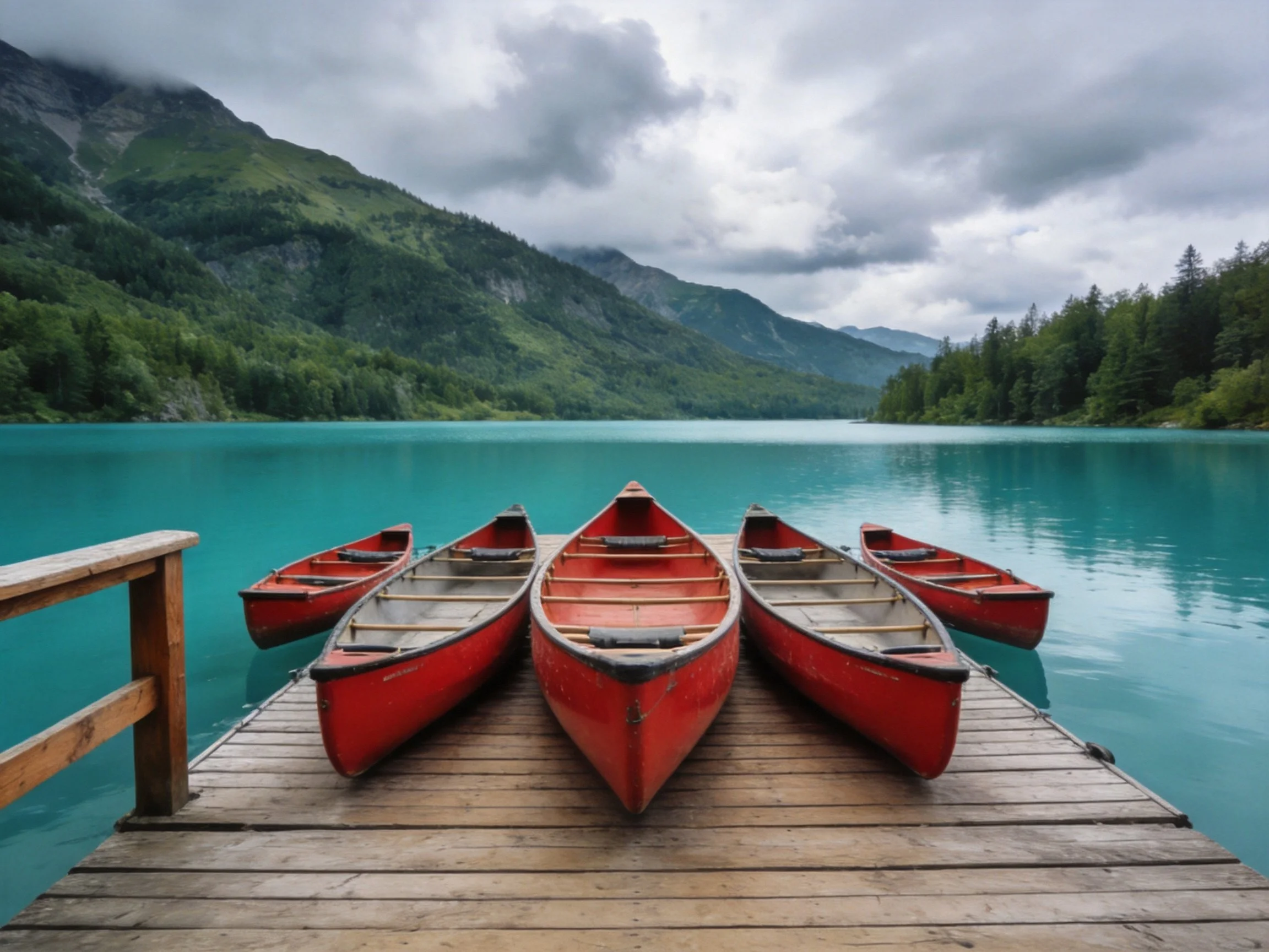 Five red canoes on a wooden dock by turquoise lake with mountainous backdrop