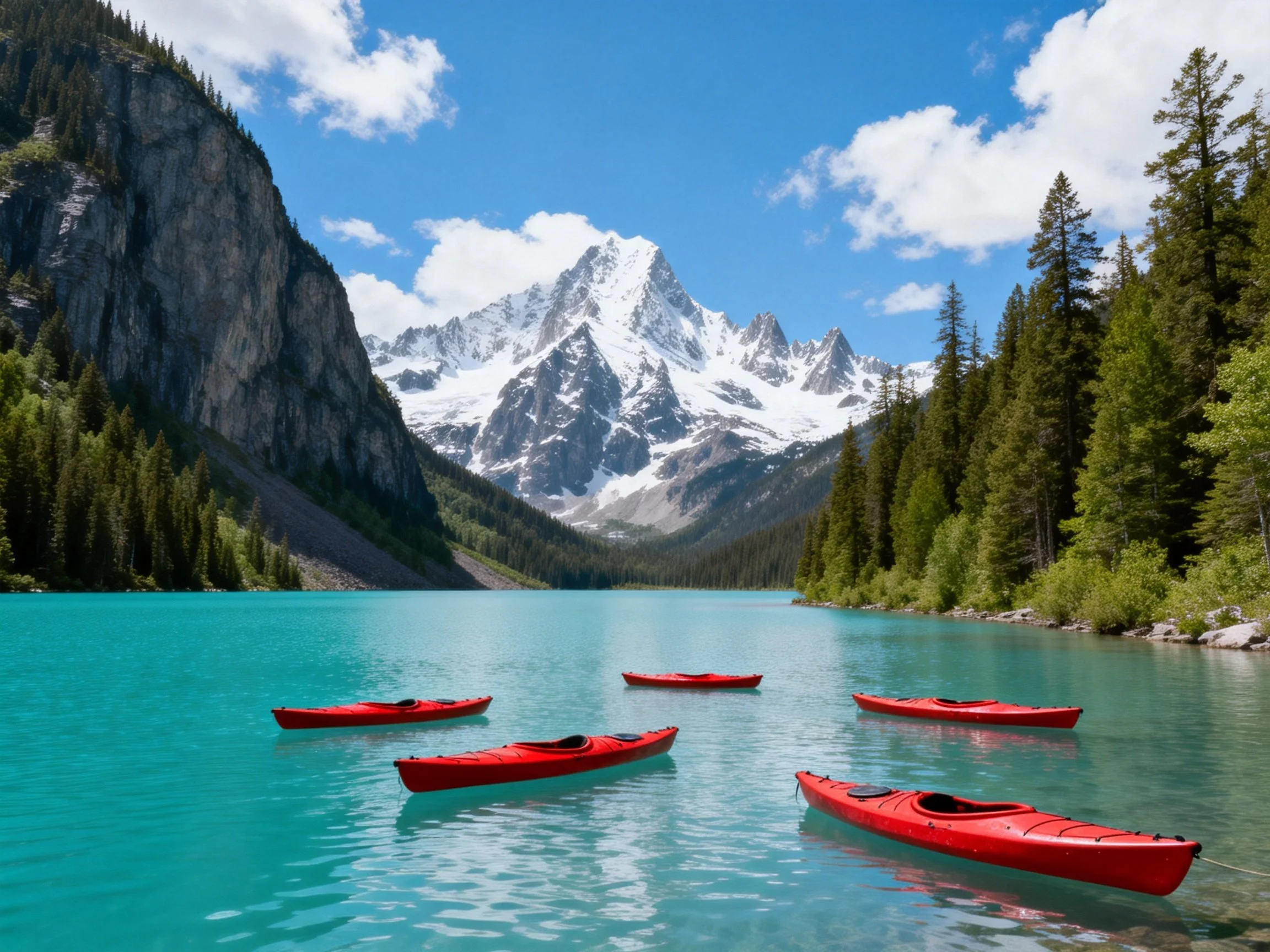 Five red kayaks float on turquoise lake near snow - capped mountain peaks