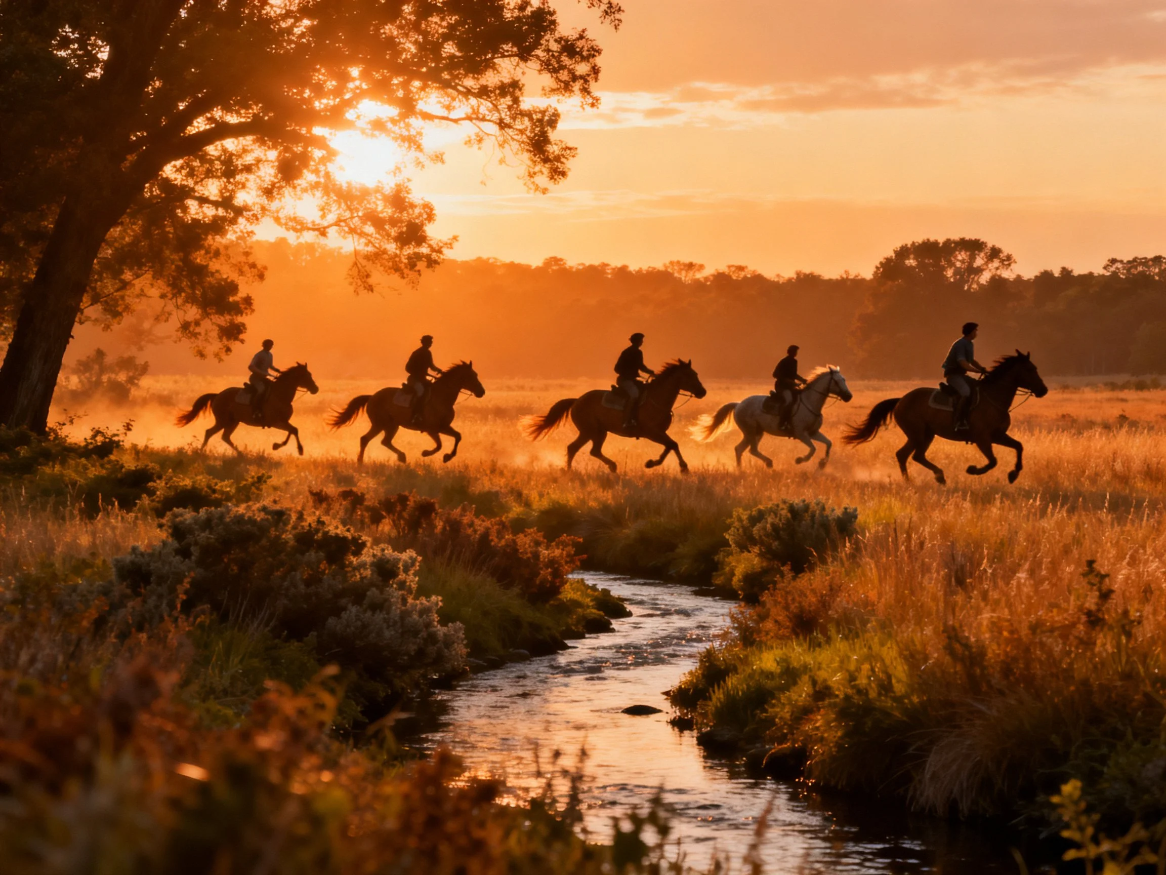 Five riders galloping through golden fields near a winding stream