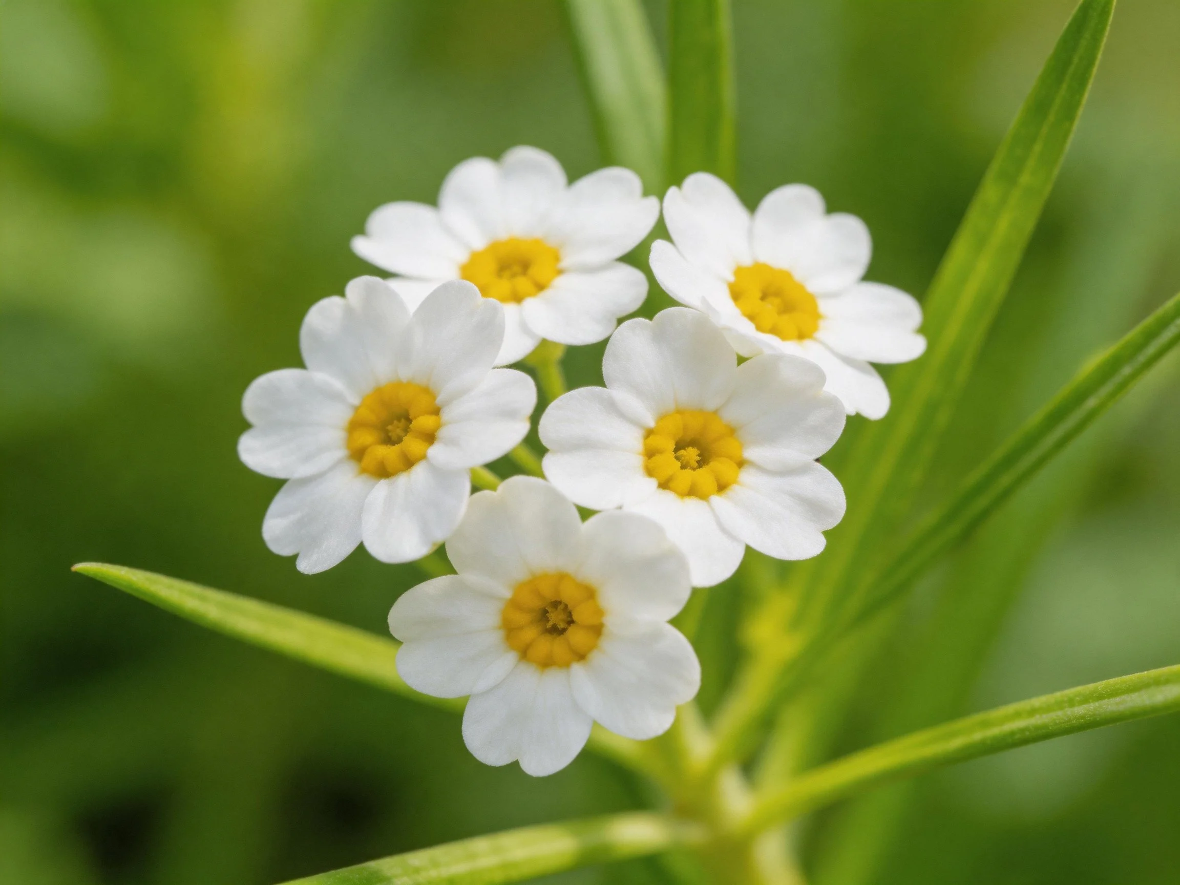 Five small white flowers with bright yellow centers and long green leaves