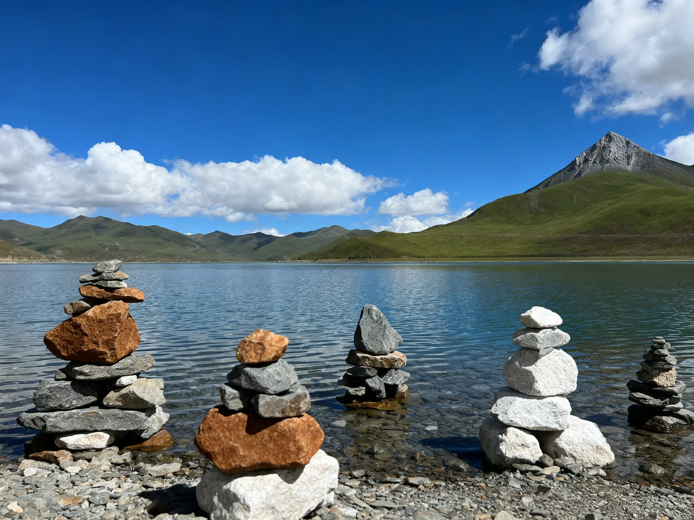 Five stone cairns by serene lake with mountain backdrop