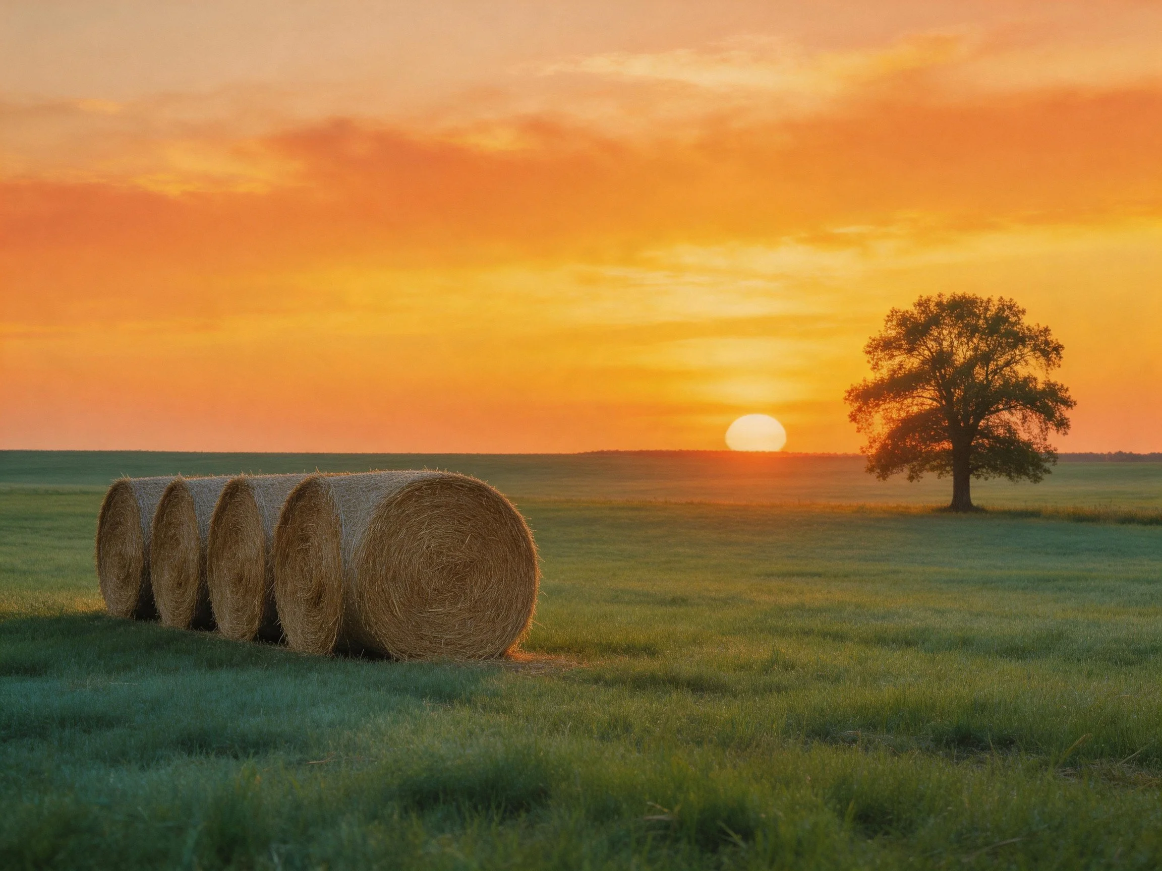 Five straw bales near a lone tree under an orange sunset sky