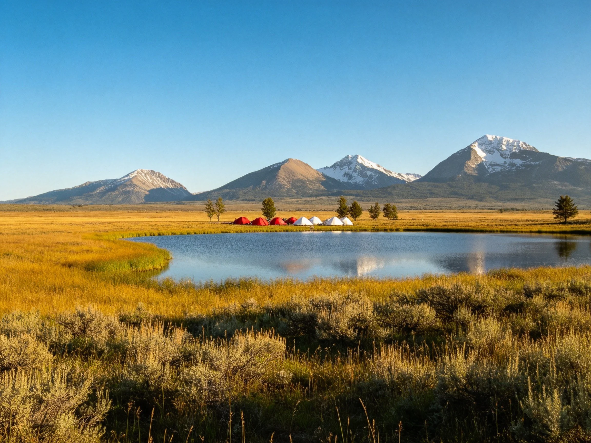 Five tents near a calm lake with golden fields and snow-capped mountains