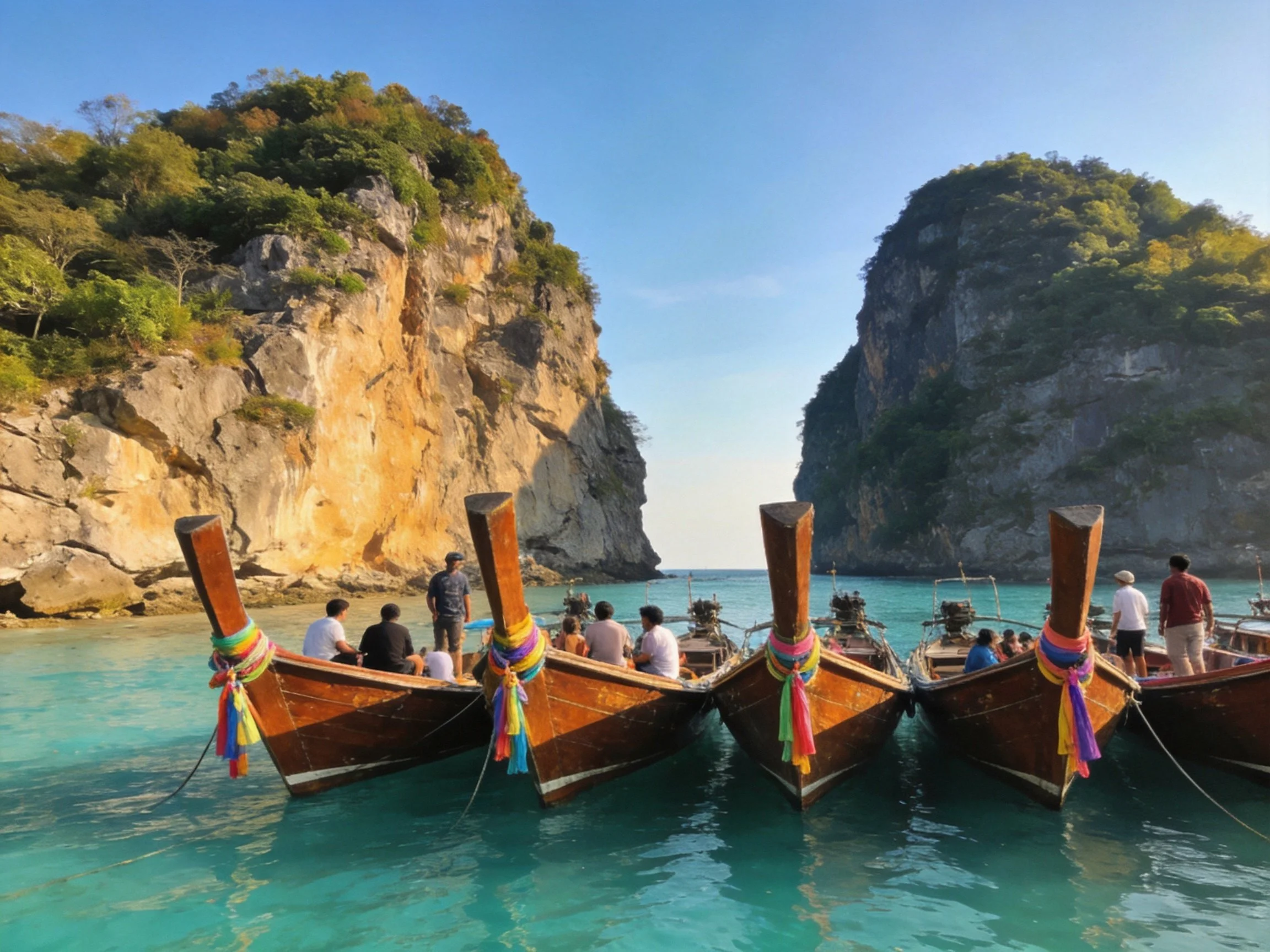 Five traditional wooden boats docked near turquoise waters between rocky cliffs