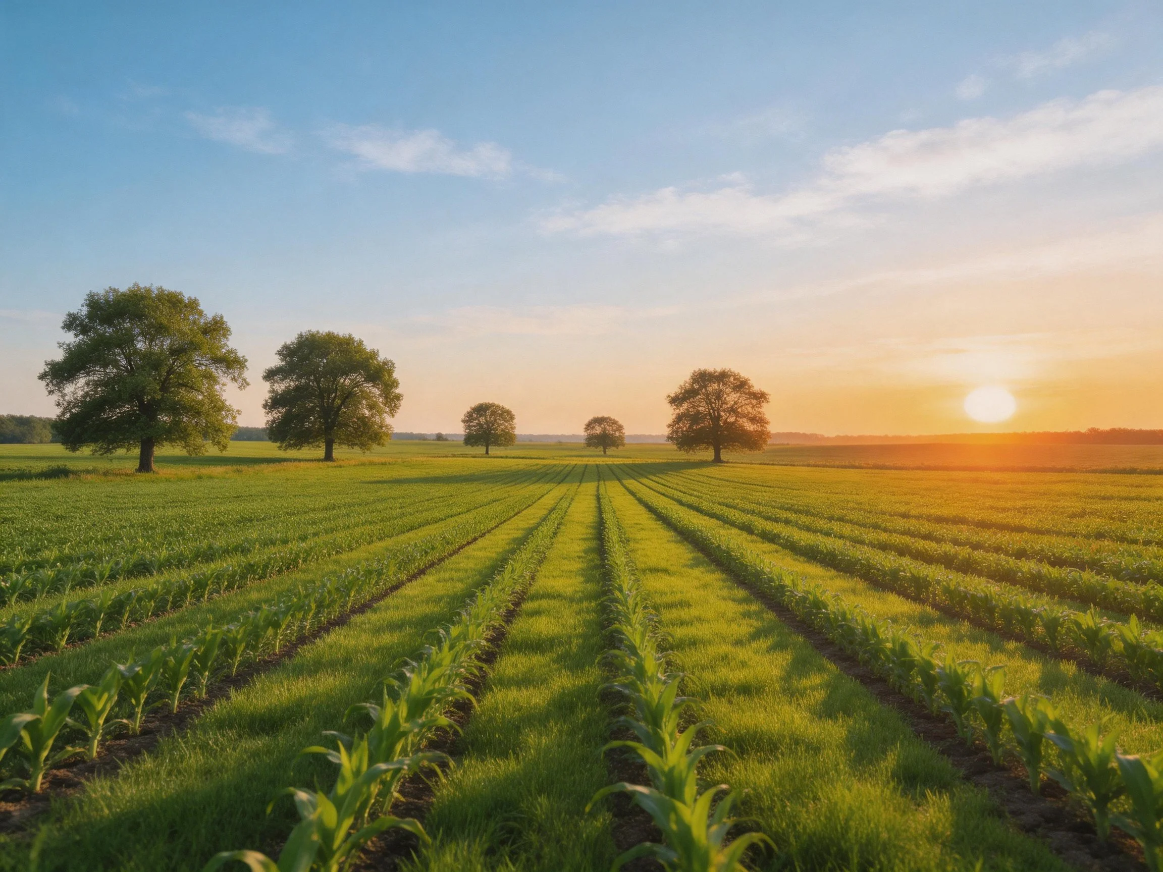 Five trees dot a lush green farm field under golden sunset sky