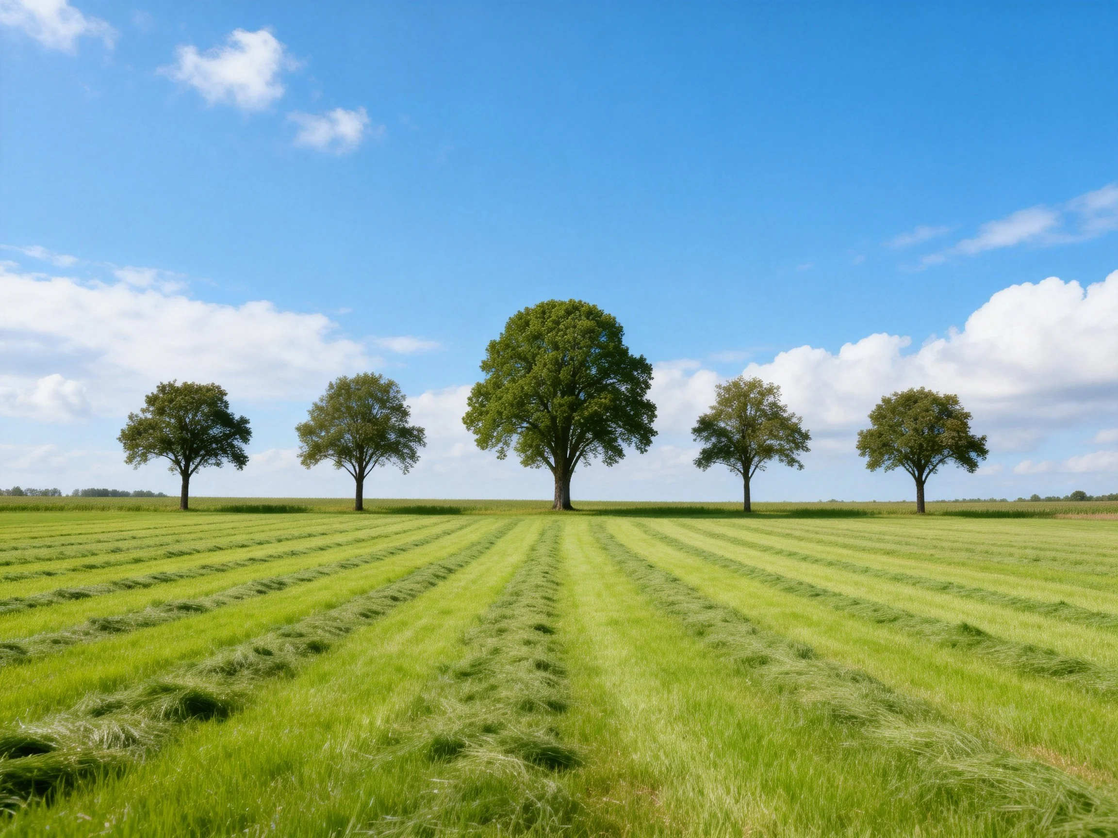 Five trees in a neatly mowed green field under bright blue sky
