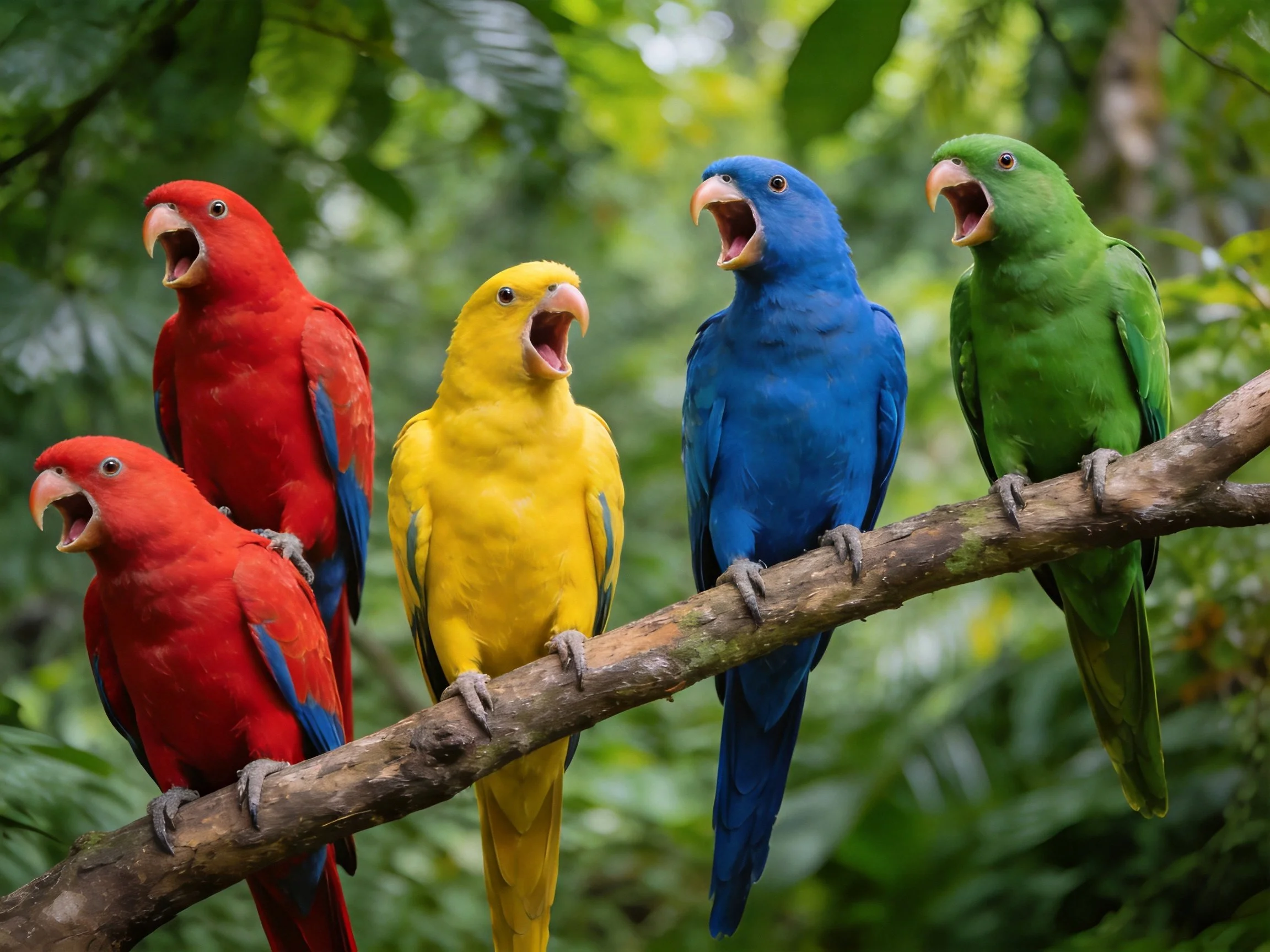 Five vibrantly colored parrots sit on a tree branch