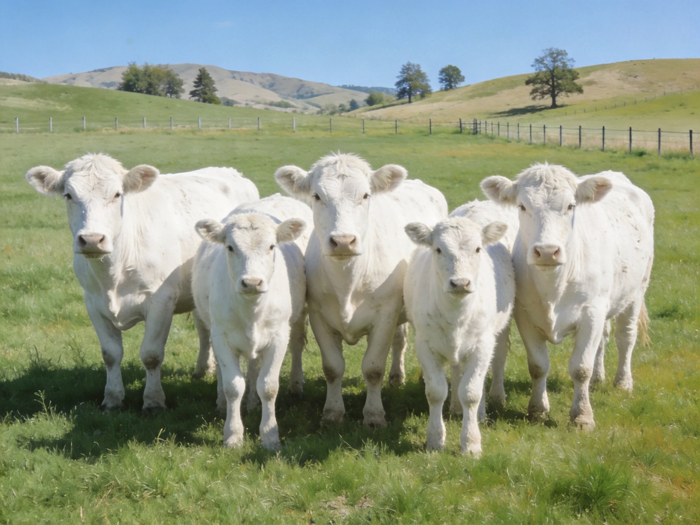 Five white cattle gathered in a lush green pasture