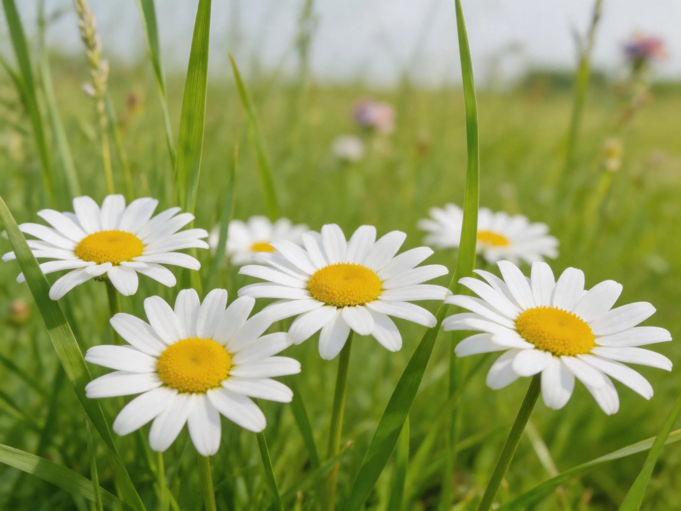 Five white daisies with yellow centers amid tall green grass