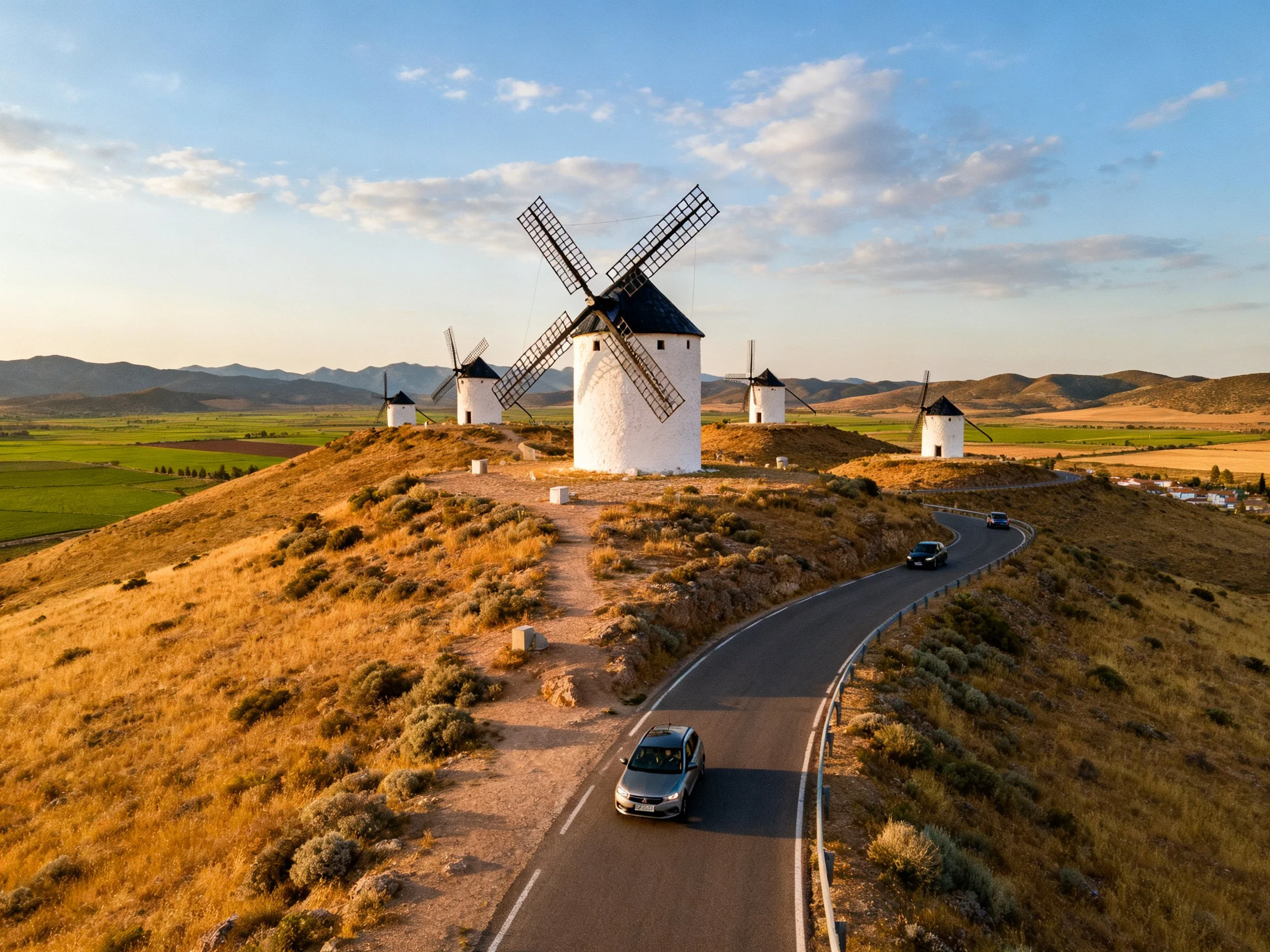 Five white windmills sit atop golden hills near curving road