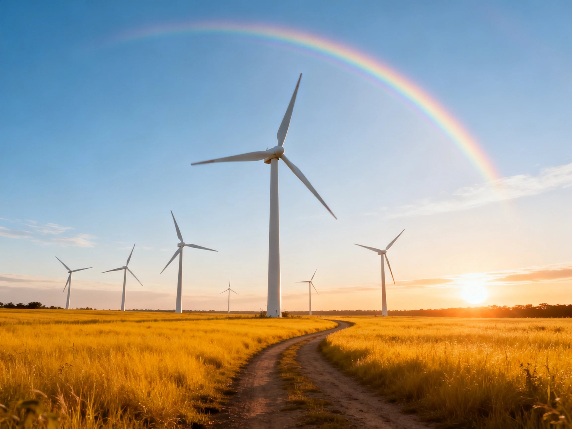 Five wind turbines stand in a golden field with a rainbow and setting sun