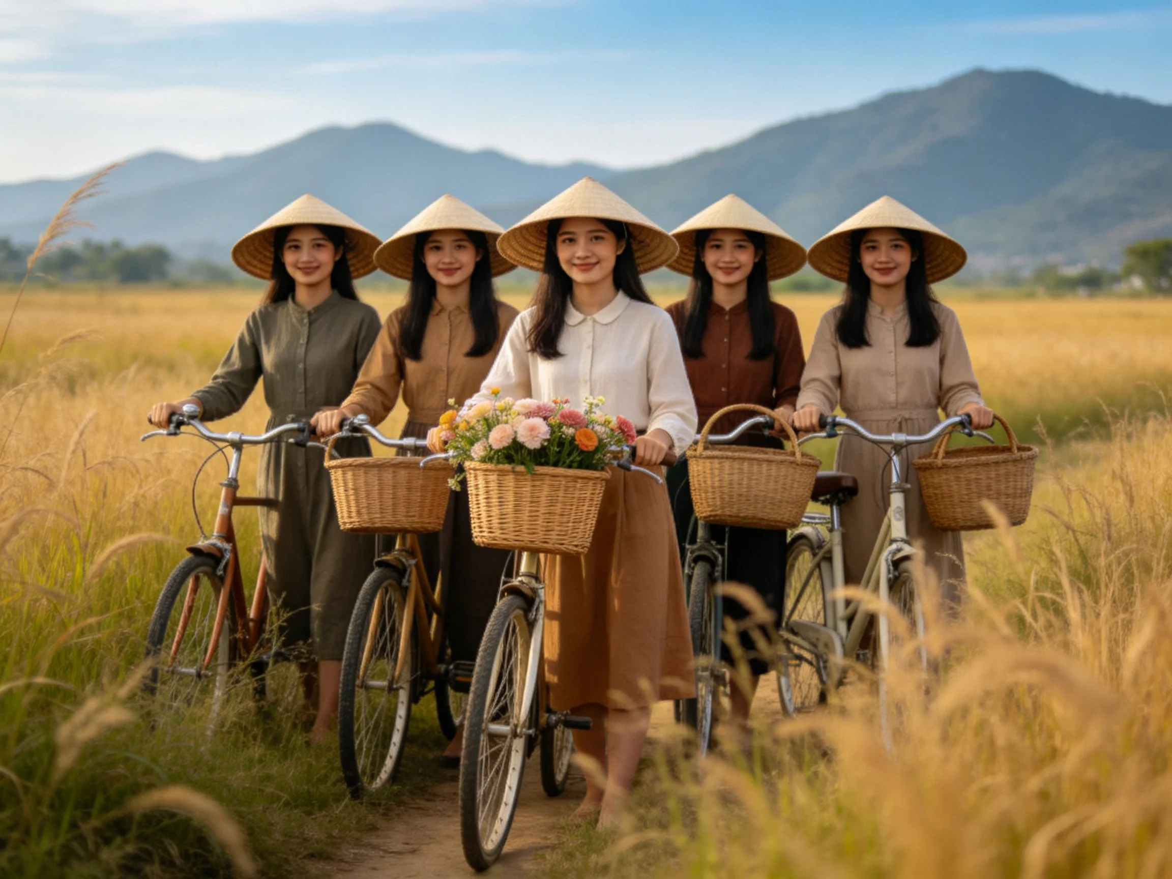 Five women in traditional dresses ride bicycles with baskets in a golden field