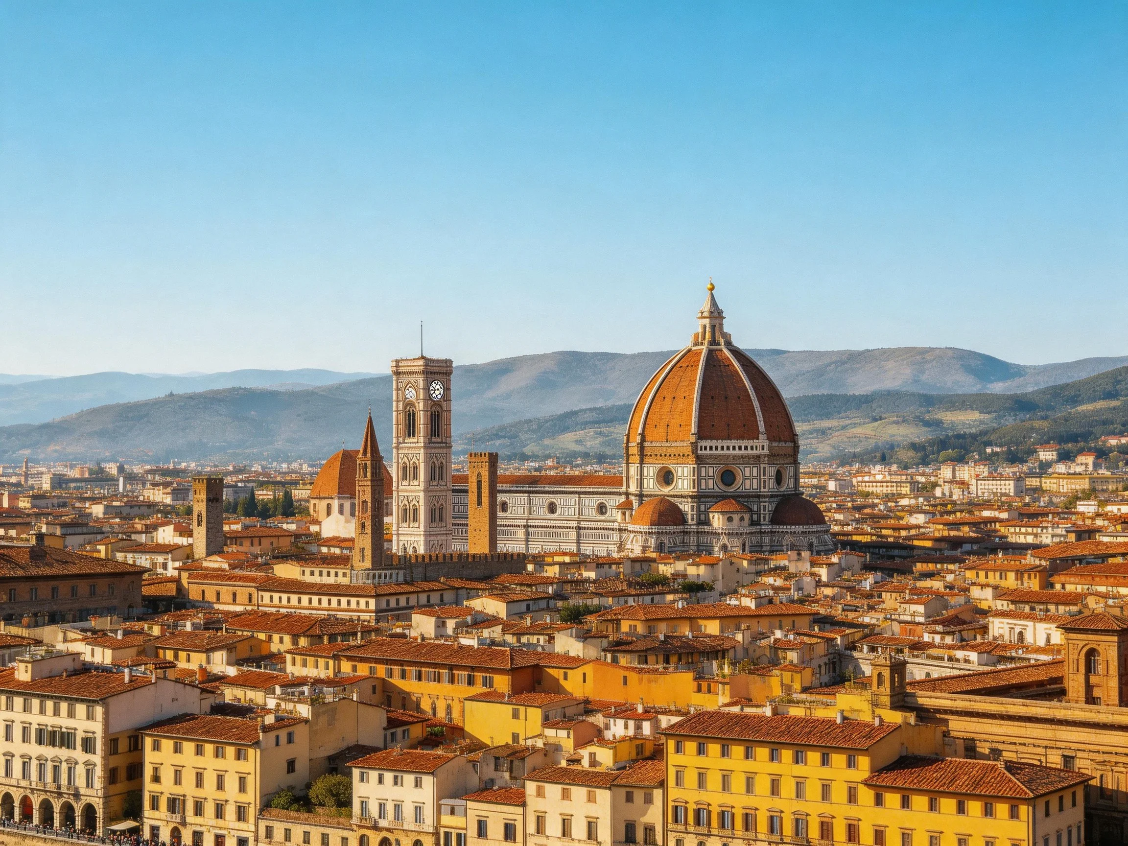 Florence Duomo with terracotta rooftops and rolling hills backdrop