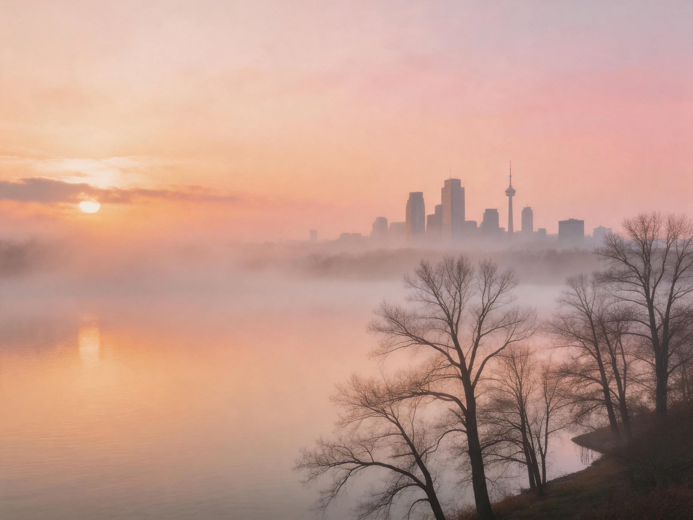 Foggy City Skyline at Dawn with Reflective Water and Bare Trees